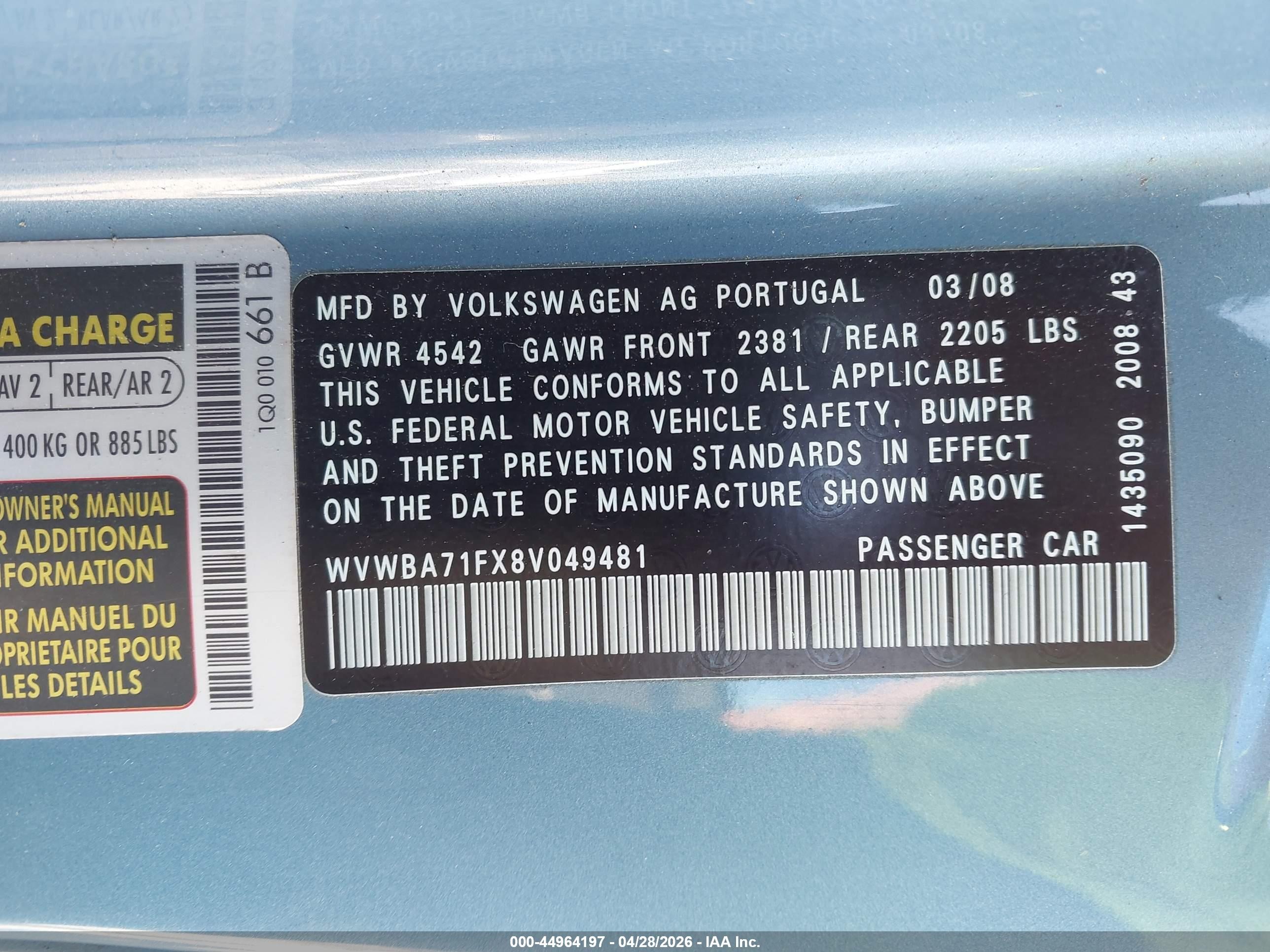 2008 Volkswagen Eos Komfort Blue vin: WVWBA71FX8V049481