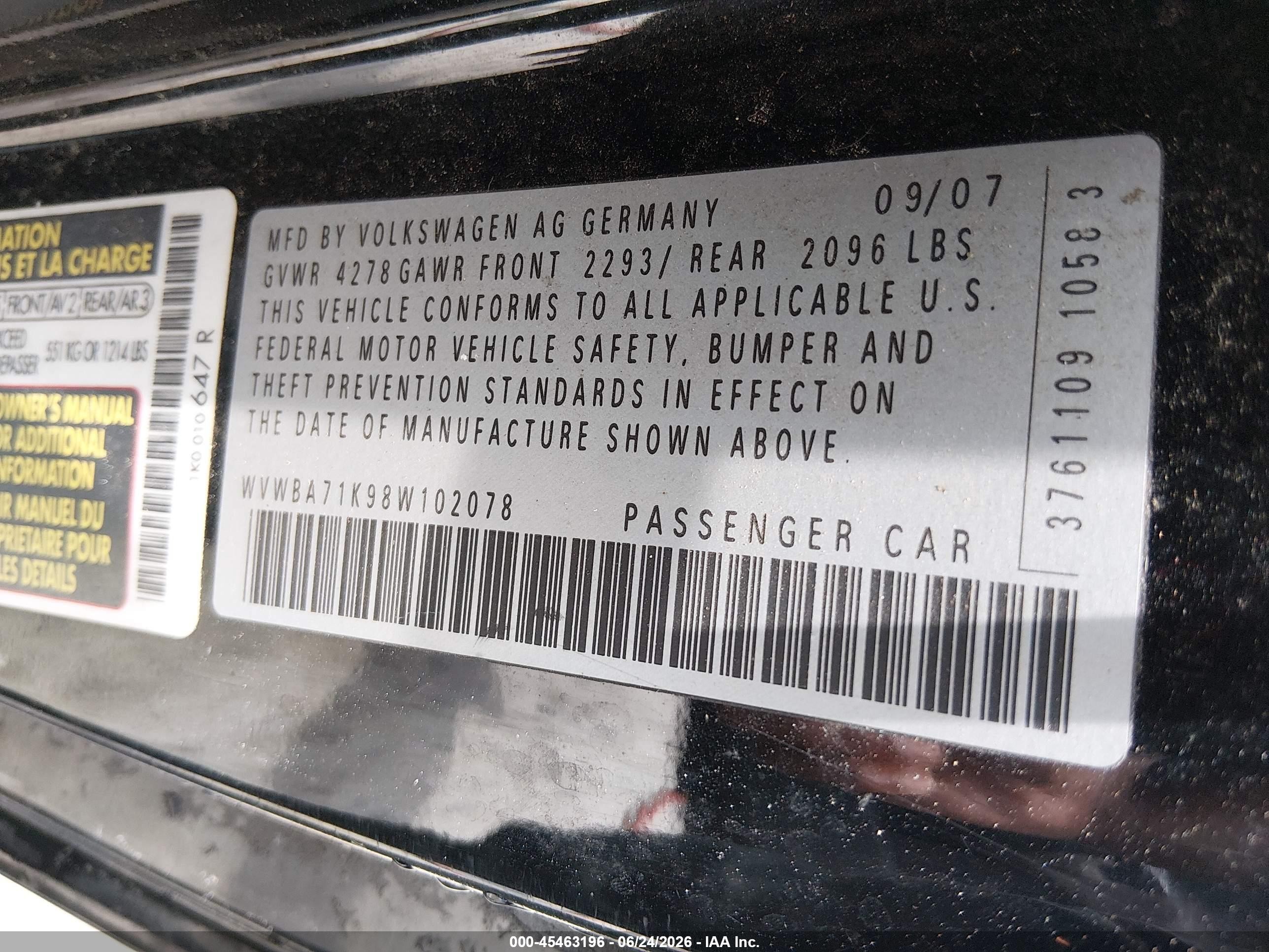 2008 Volkswagen Rabbit S Черный vin: WVWBA71K98W102078