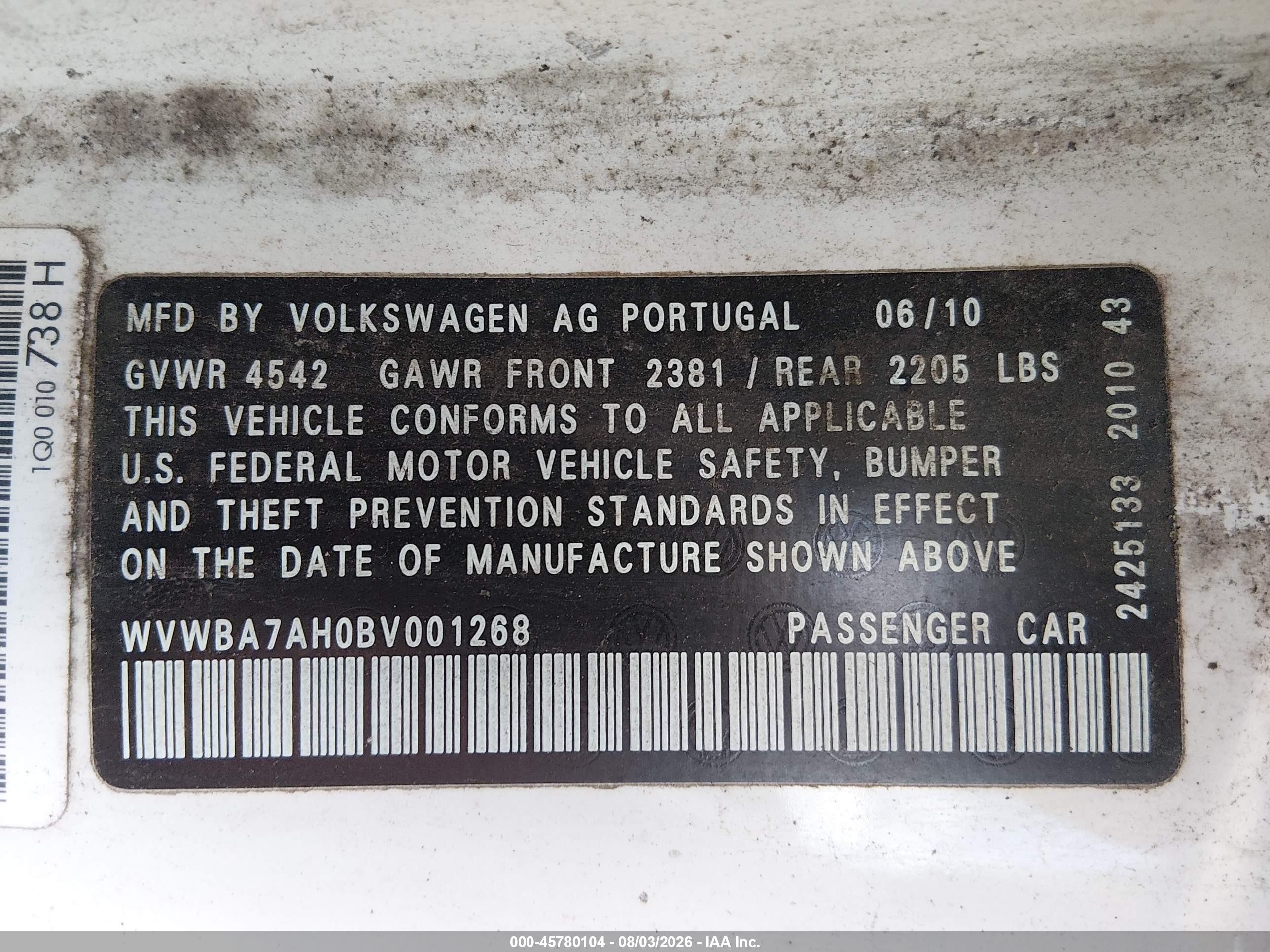 2011 Volkswagen Eos Komfort White vin: WVWBA7AH0BV001268