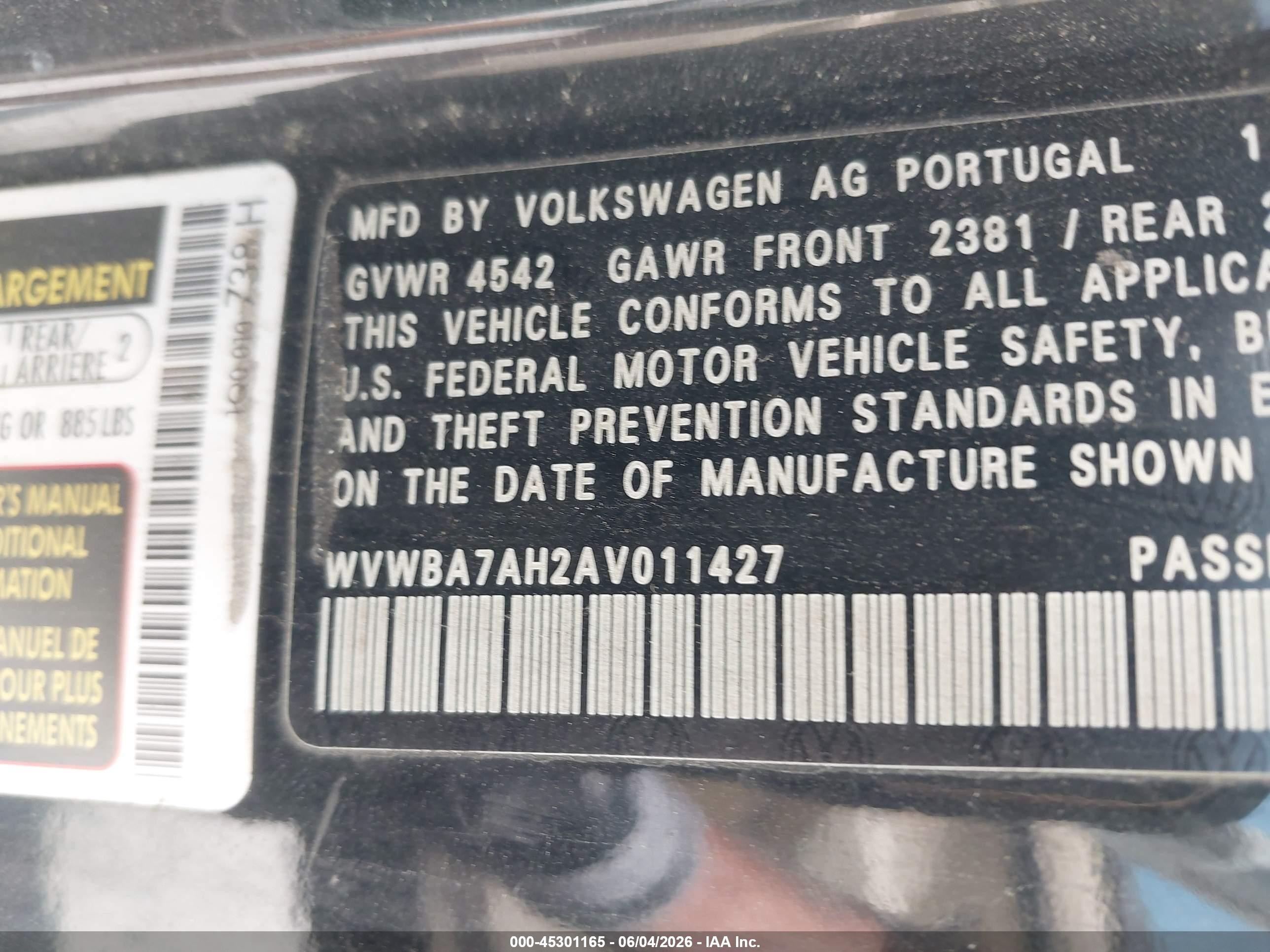 2010 Volkswagen Eos Komfort Black vin: WVWBA7AH2AV011427
