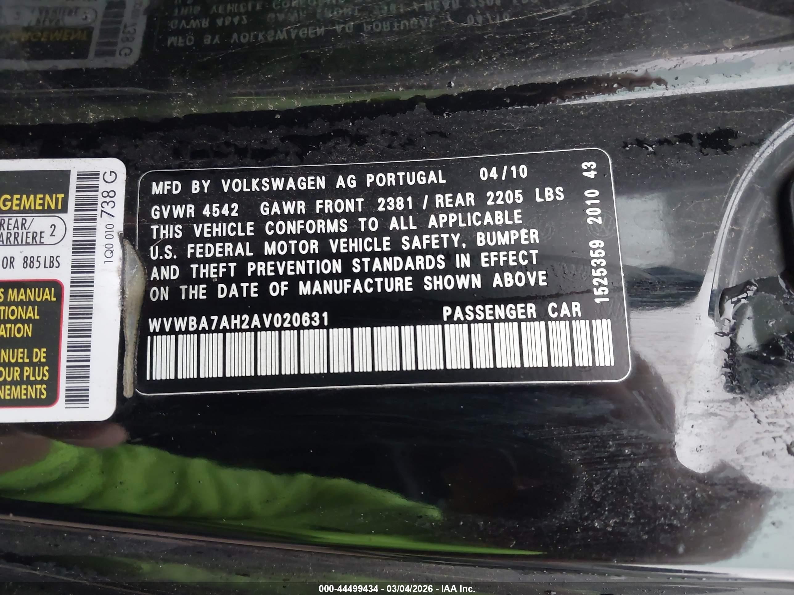 2010 Volkswagen Eos Komfort Black vin: WVWBA7AH2AV020631