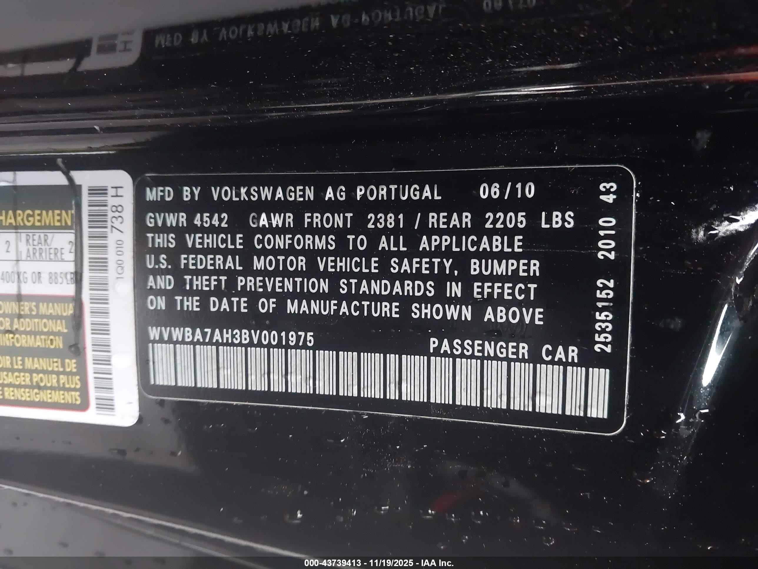 2011 Volkswagen Eos Komfort Black vin: WVWBA7AH3BV001975