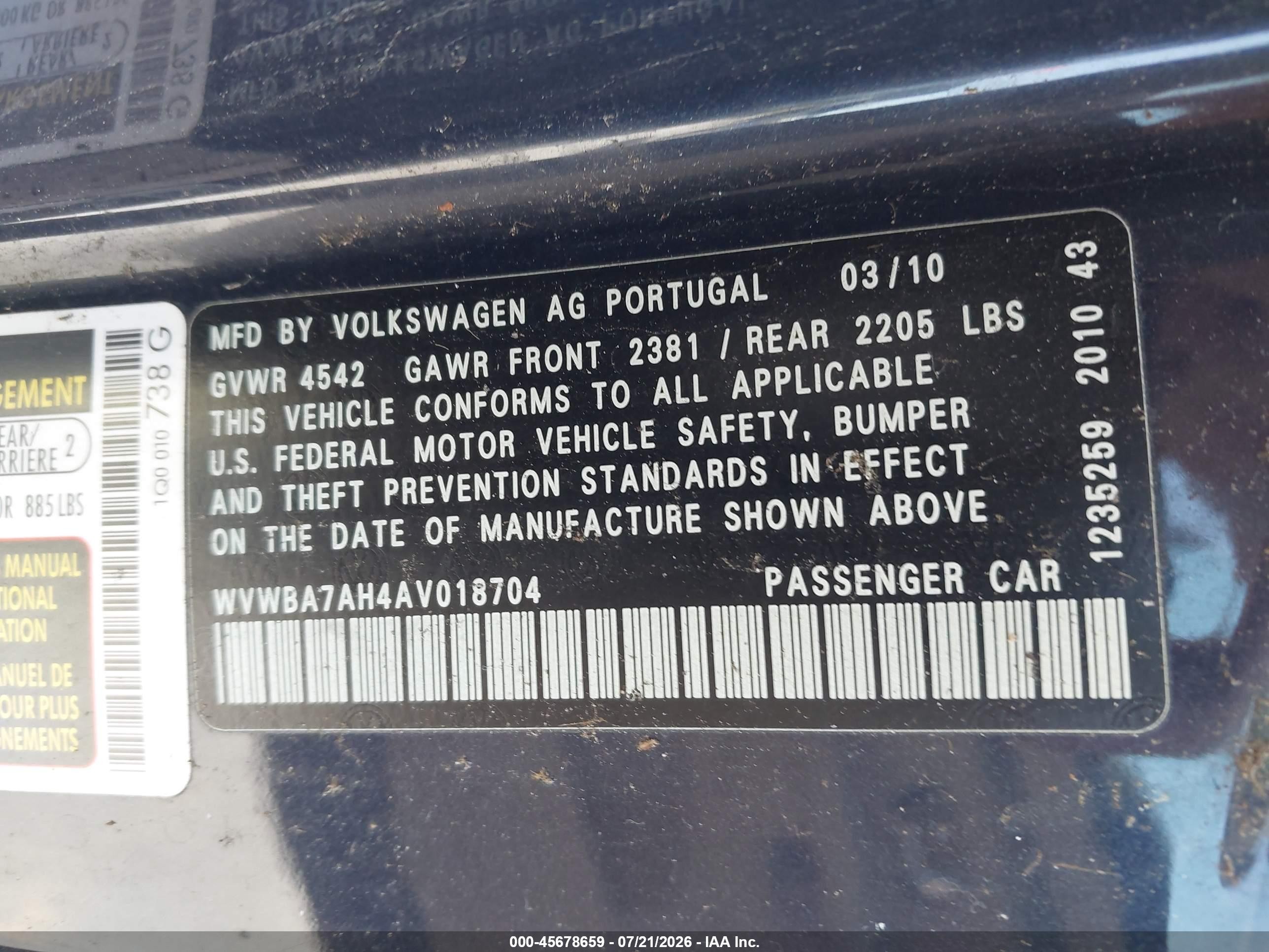 2010 Volkswagen Eos Komfort Blue vin: WVWBA7AH4AV018704