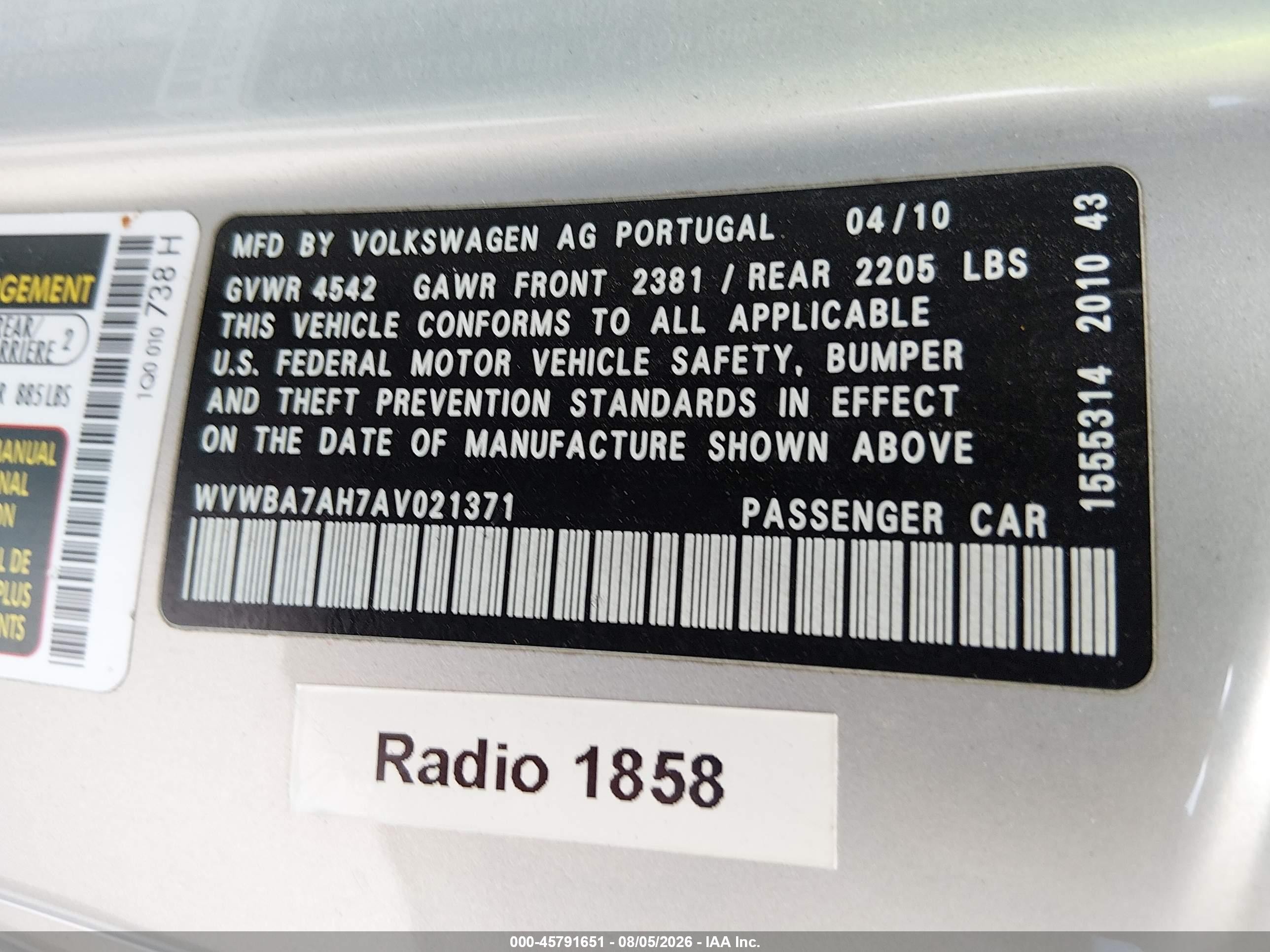 2010 Volkswagen Eos Komfort Gold vin: WVWBA7AH7AV021371