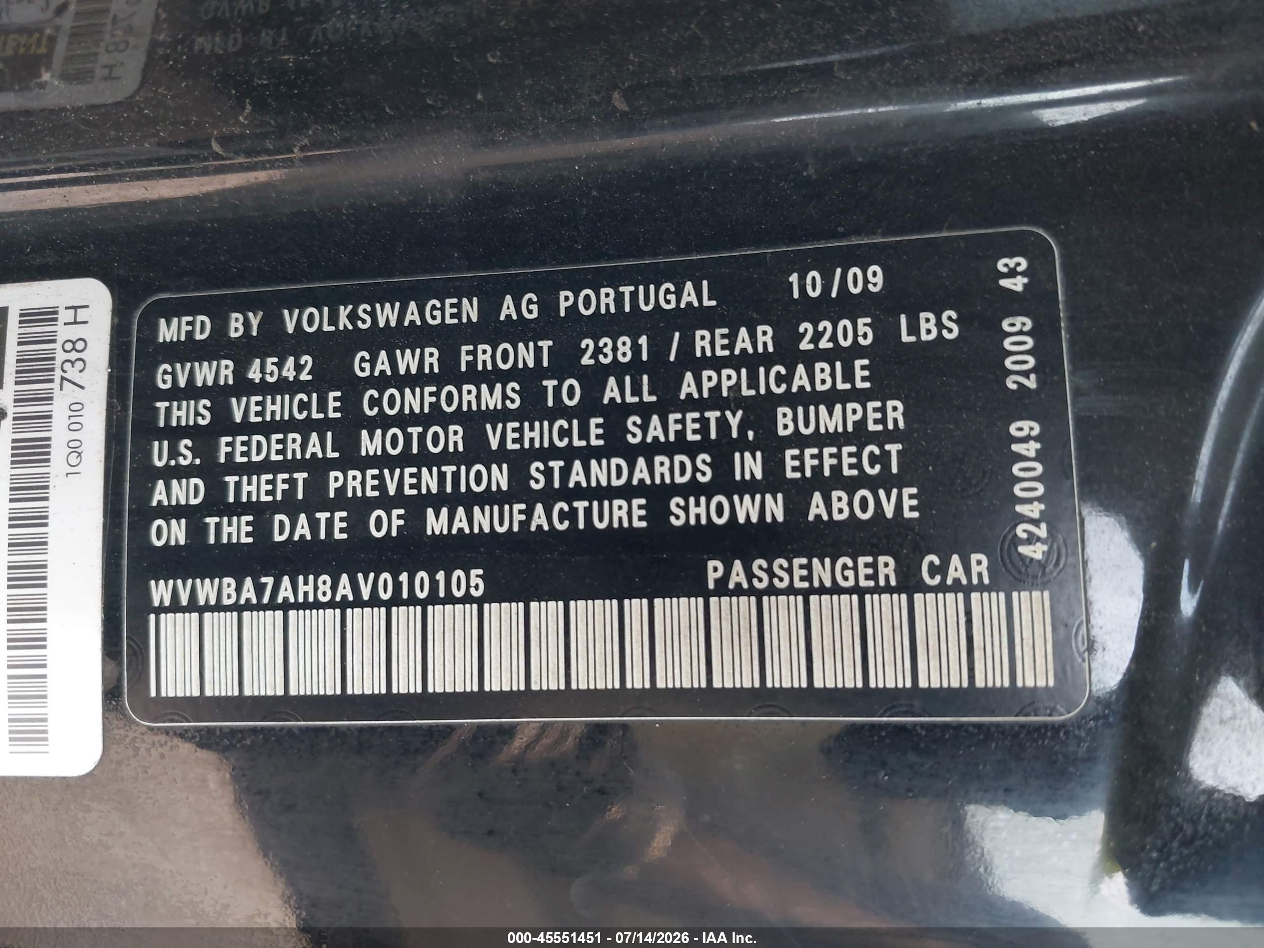 2010 Volkswagen Eos Komfort Black vin: WVWBA7AH8AV010105