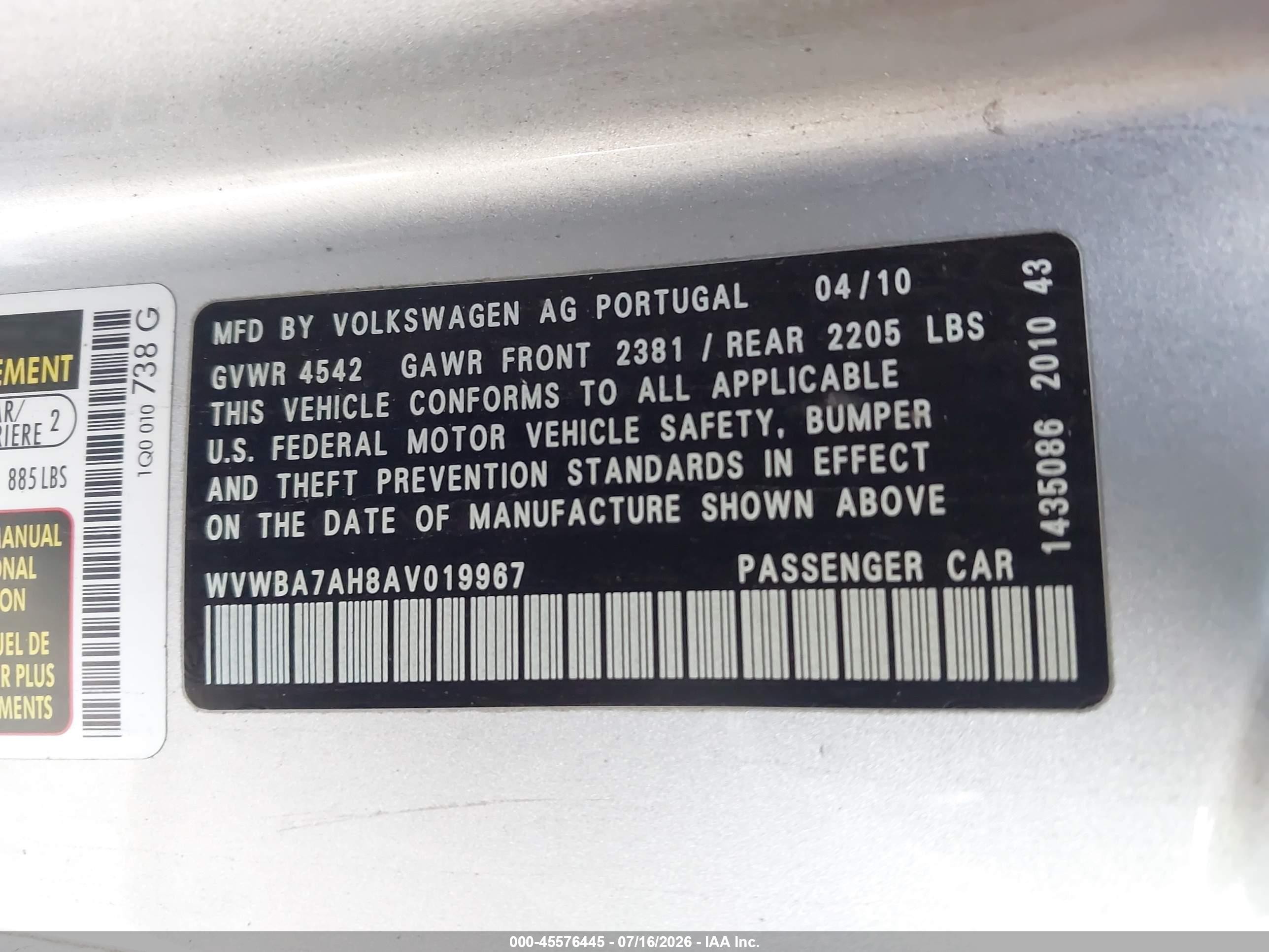 2010 Volkswagen Eos Komfort Silver vin: WVWBA7AH8AV019967