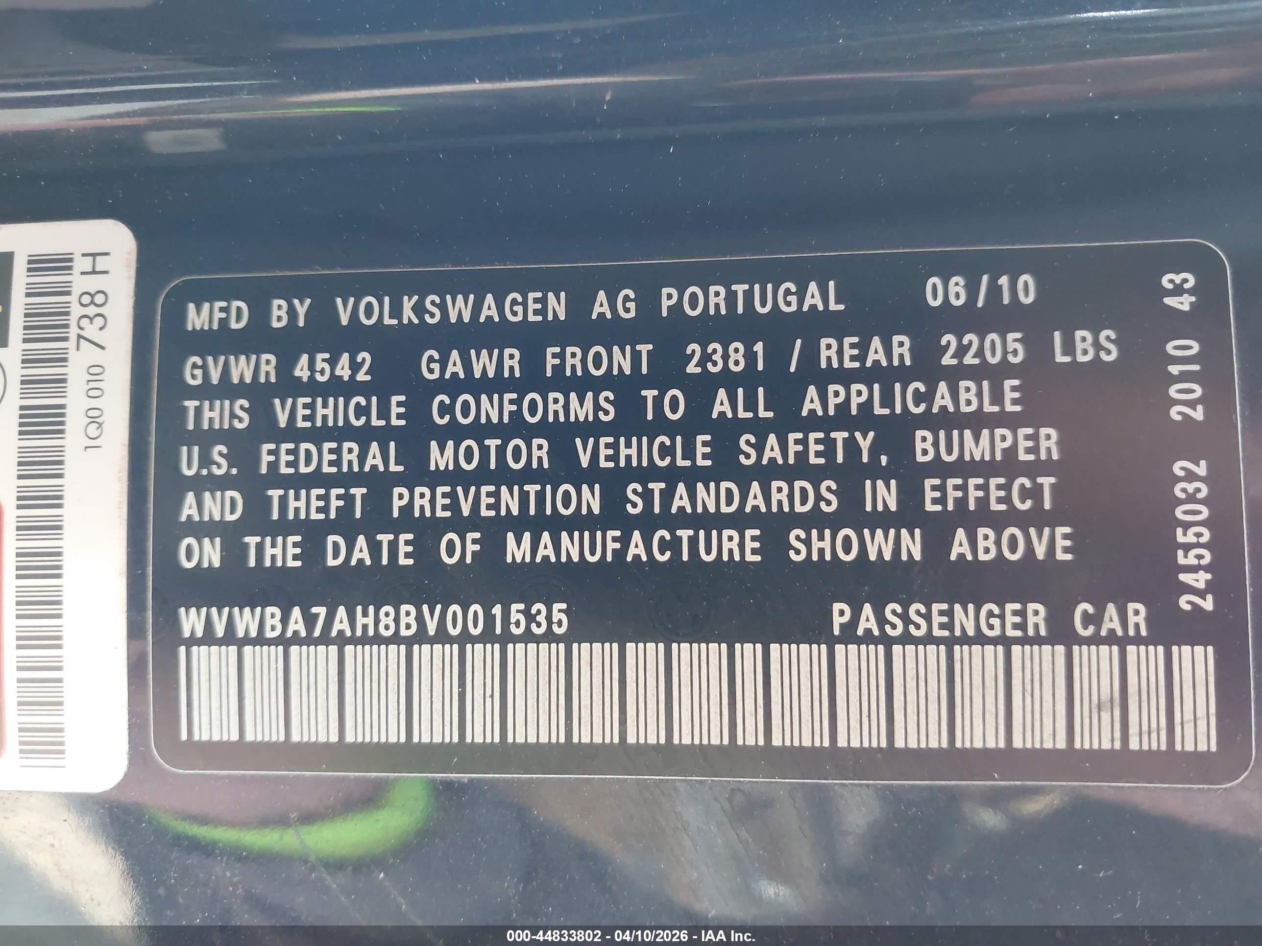 2011 Volkswagen Eos Komfort Blue vin: WVWBA7AH8BV001535