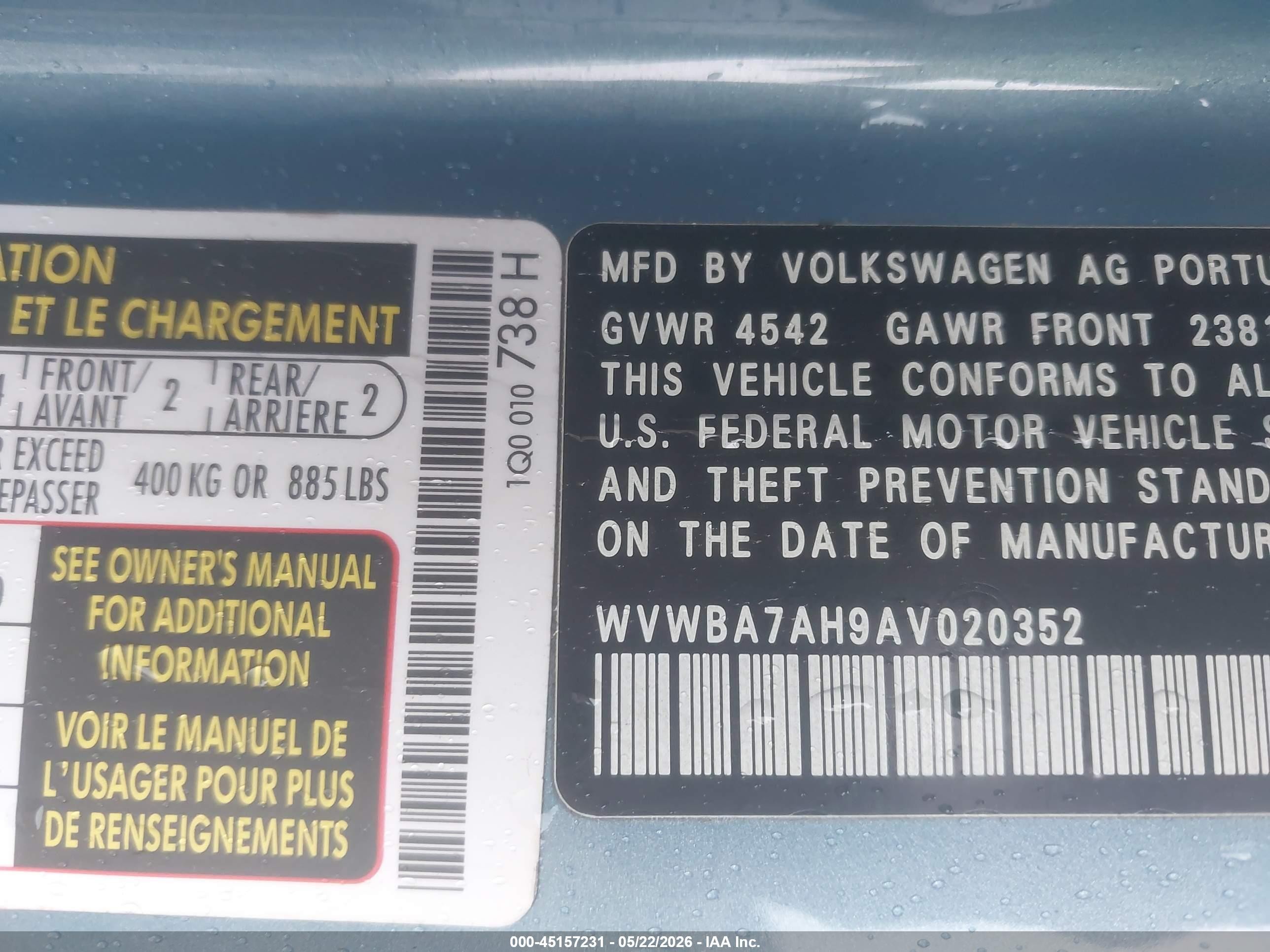 2010 Volkswagen Eos Komfort Light Blue vin: WVWBA7AH9AV020352