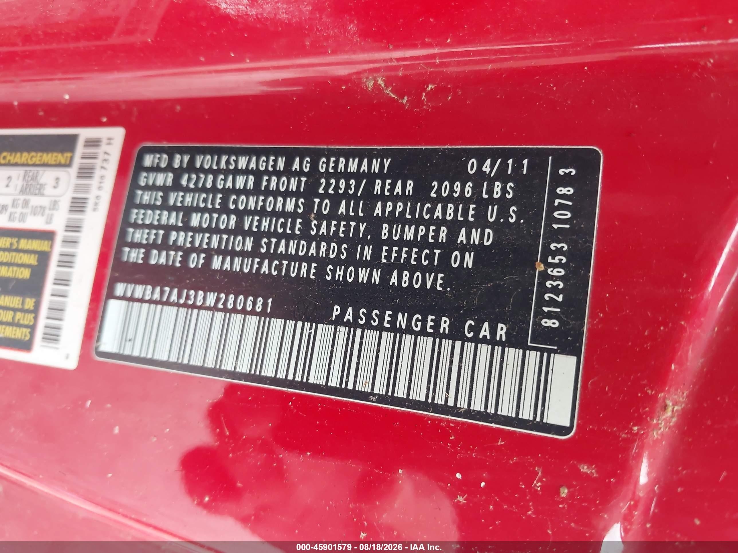 2011 Volkswagen Golf 2.5l 2-door Red vin: WVWBA7AJ3BW280681