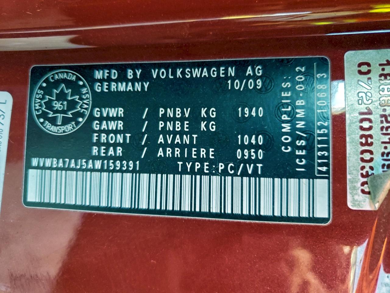 2010 Volkswagen Golf Red vin: WVWBA7AJ5AW159391