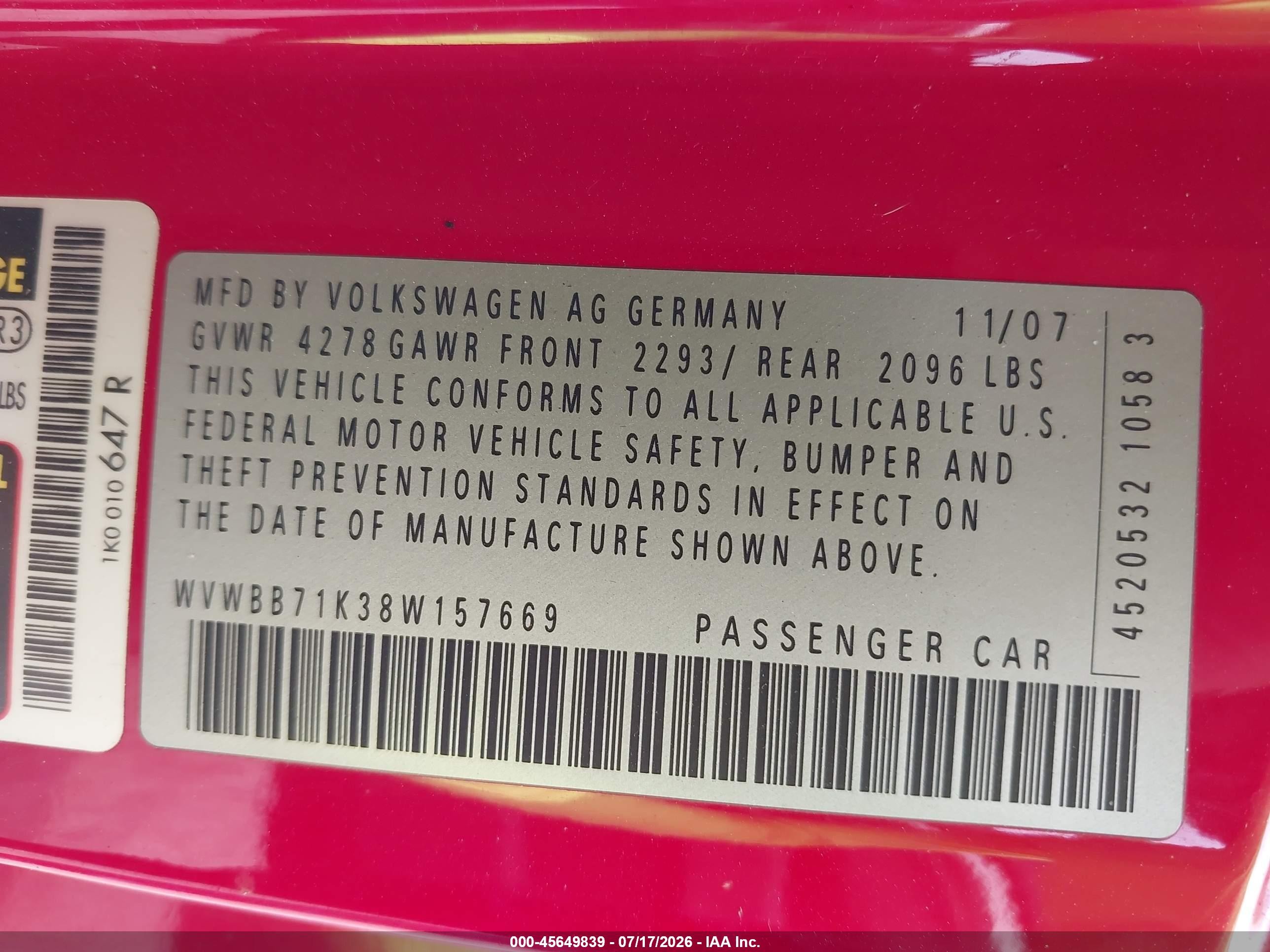 2008 Volkswagen Rabbit S Red vin: WVWBB71K38W157669