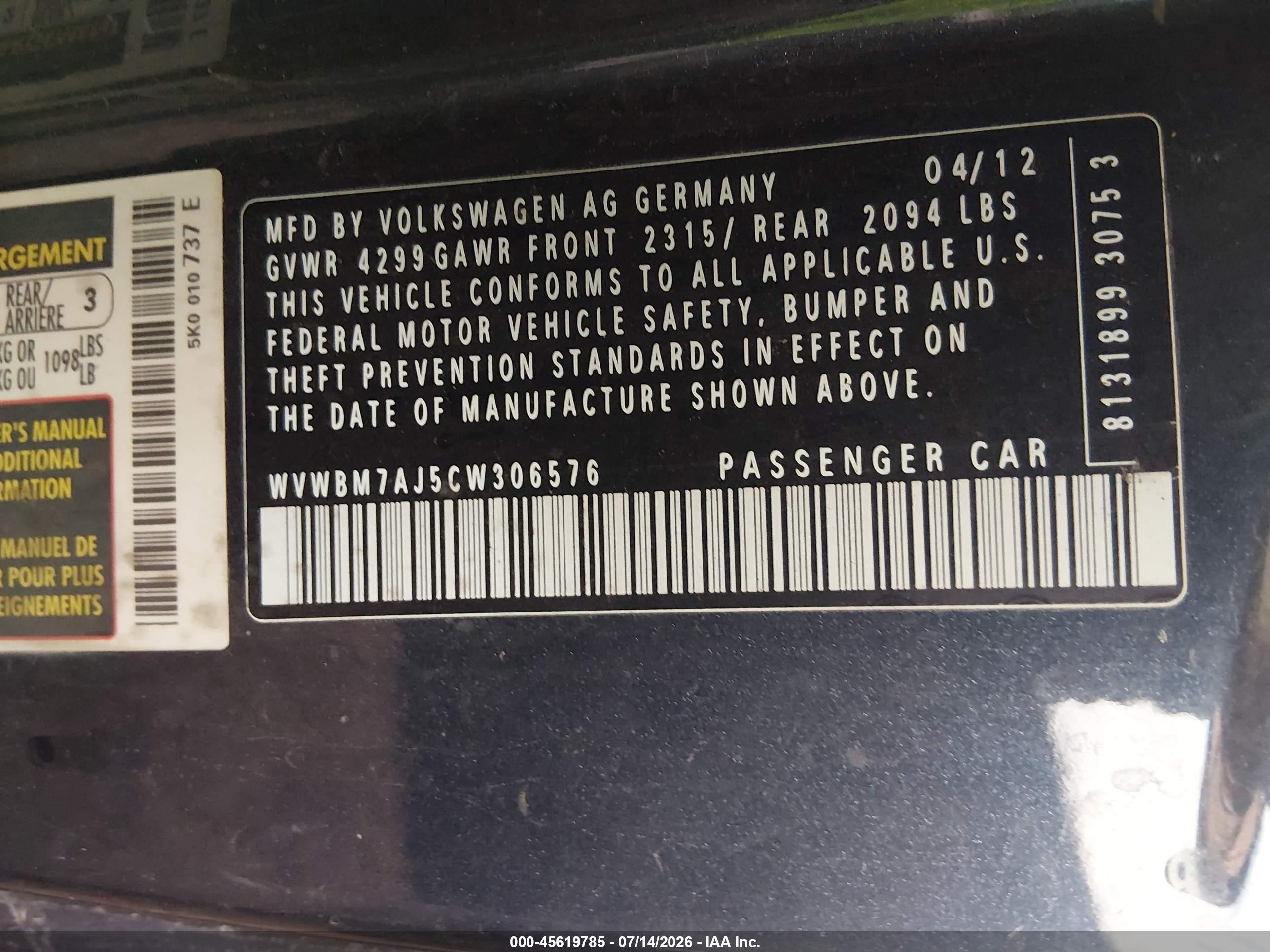 2012 Volkswagen Golf Tdi 2-door Gray vin: WVWBM7AJ5CW306576