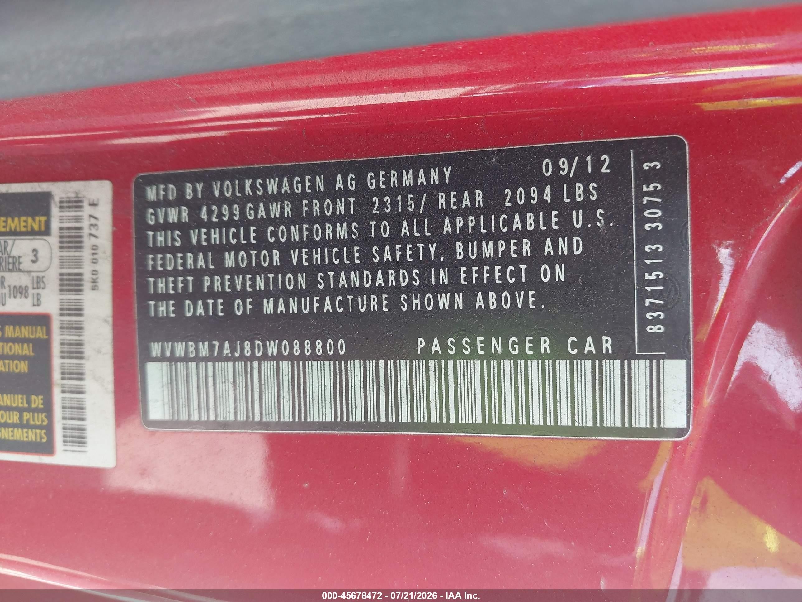 2013 Volkswagen Golf 2.0l Tdi 2-door Red vin: WVWBM7AJ8DW088800