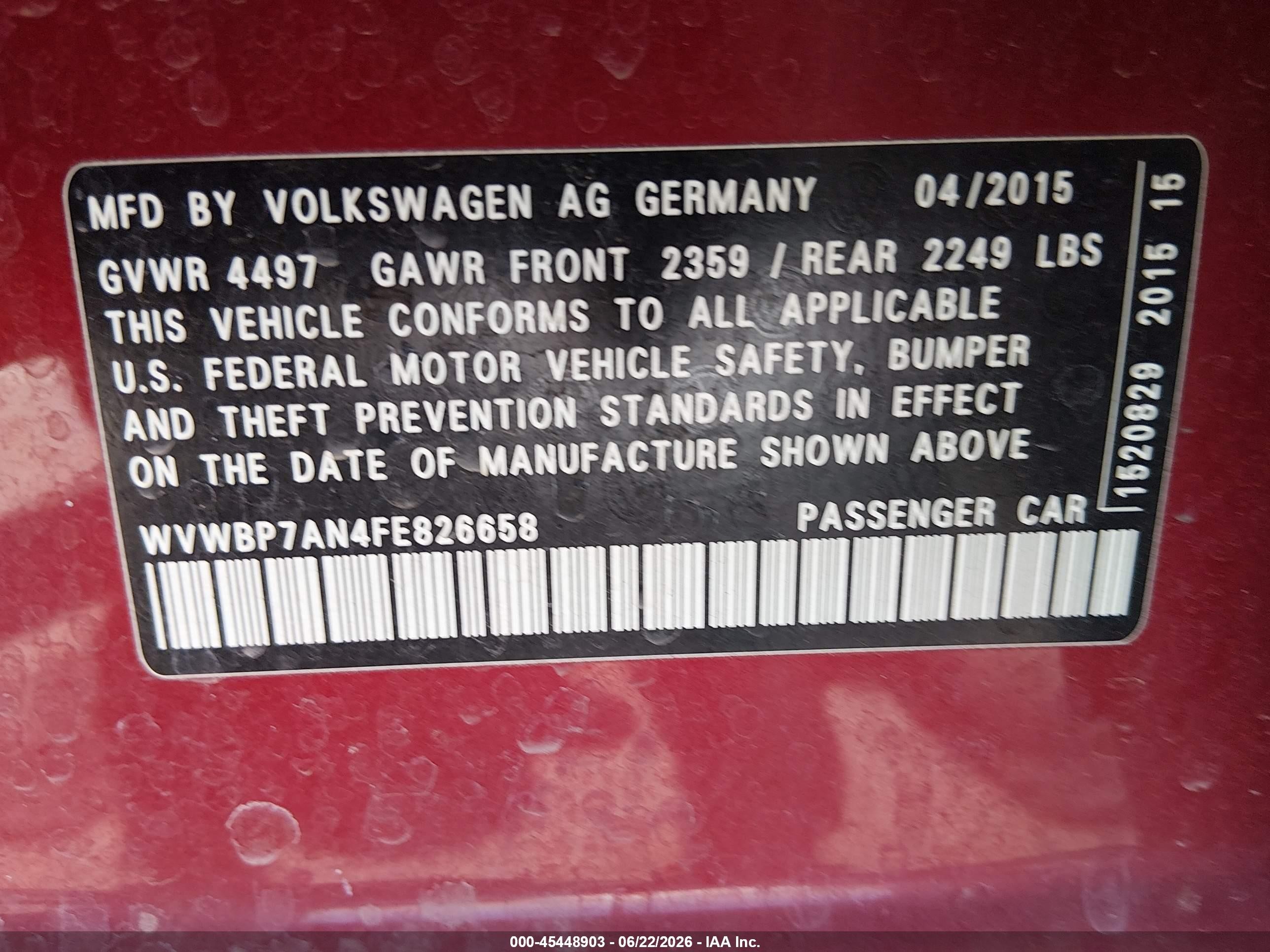 2015 Volkswagen Cc 2.0t Sport Red vin: WVWBP7AN4FE826658