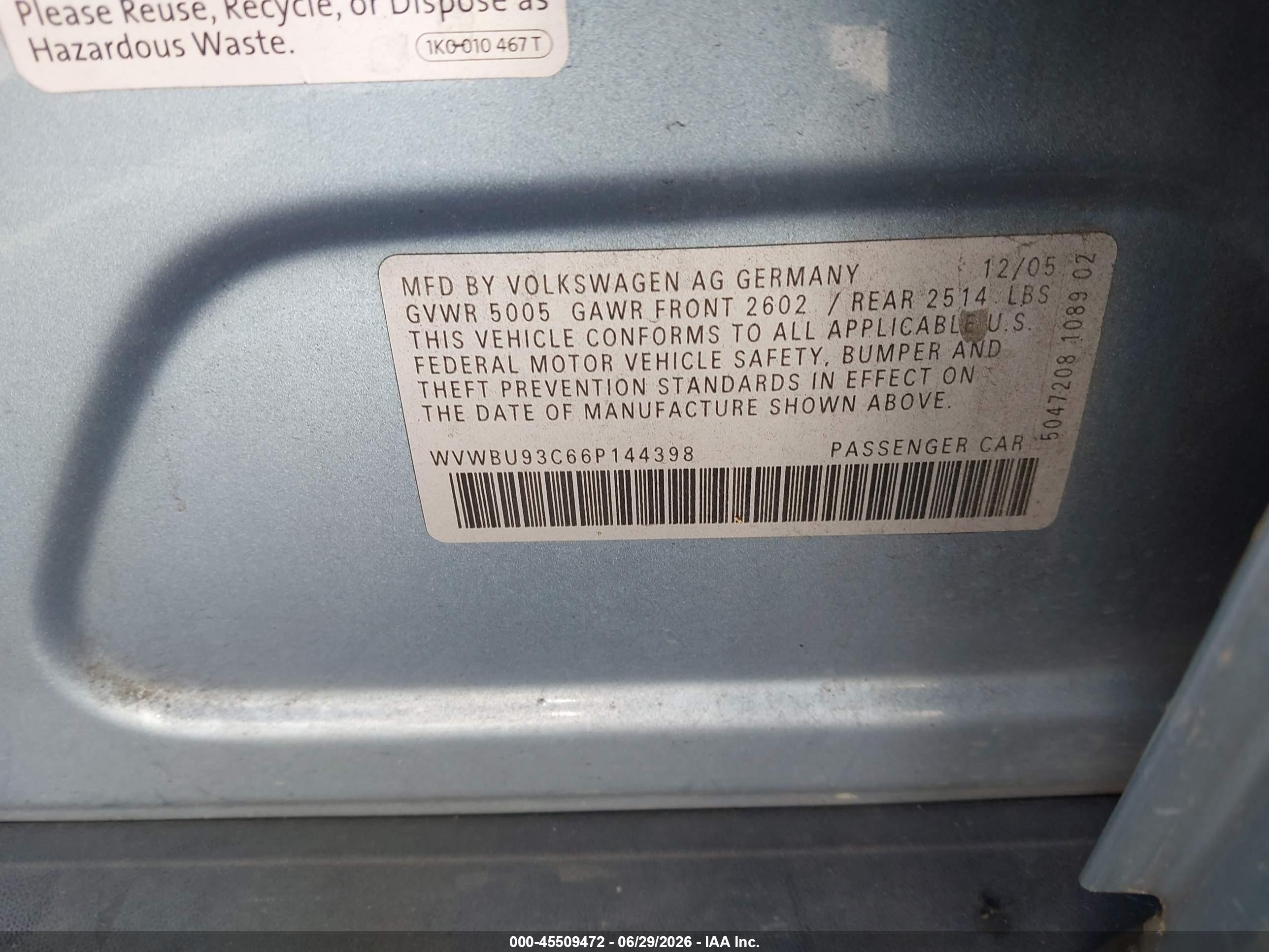 2006 Volkswagen Passat 3.6 Silver vin: WVWBU93C66P144398