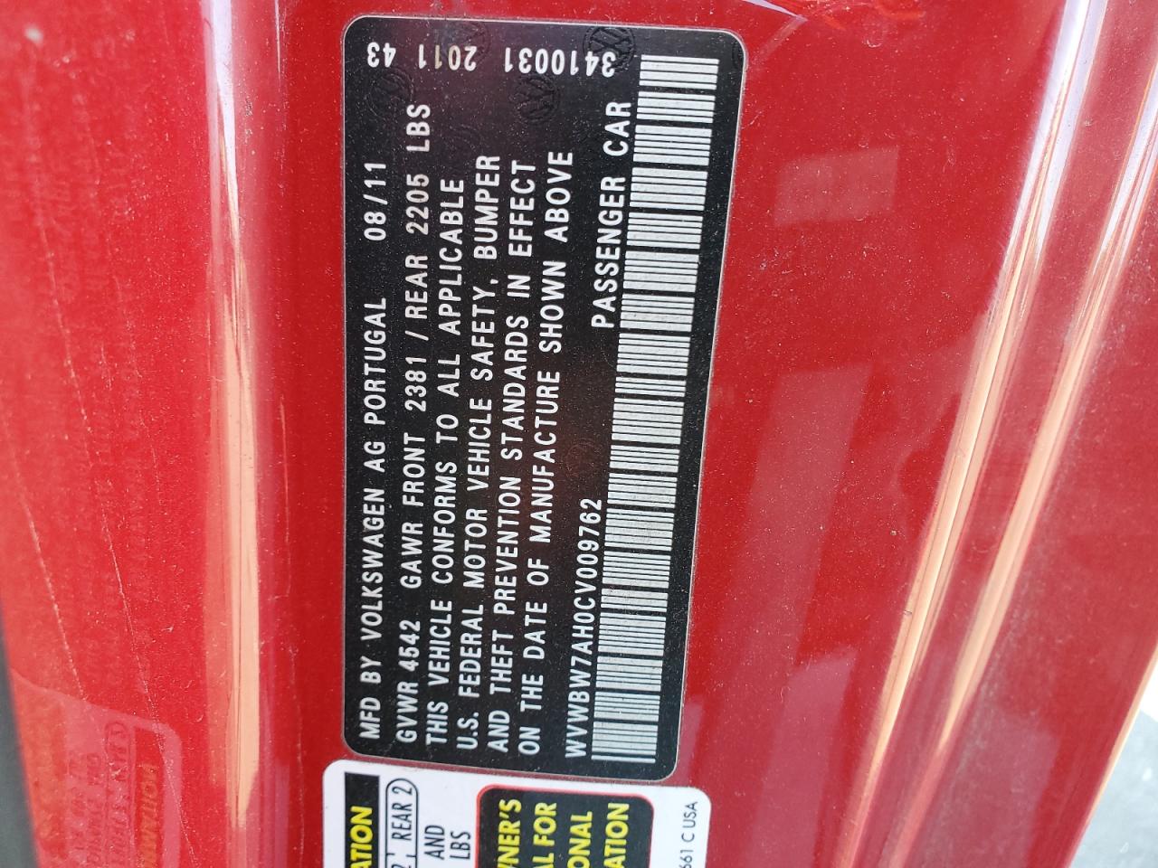 2012 Volkswagen Eos Komfort Red vin: WVWBW7AH0CV009762