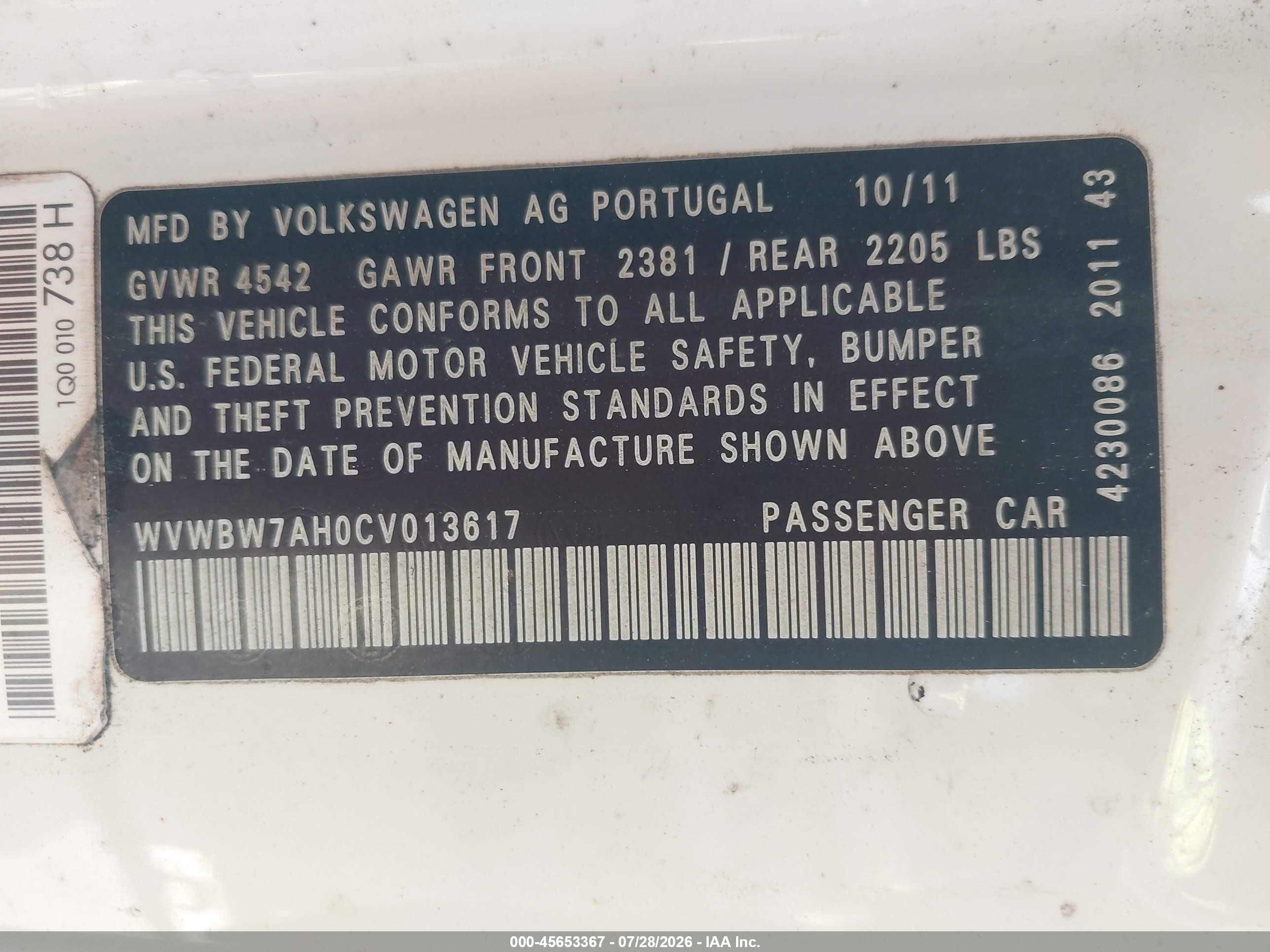 2012 Volkswagen Eos Komfort White vin: WVWBW7AH0CV013617