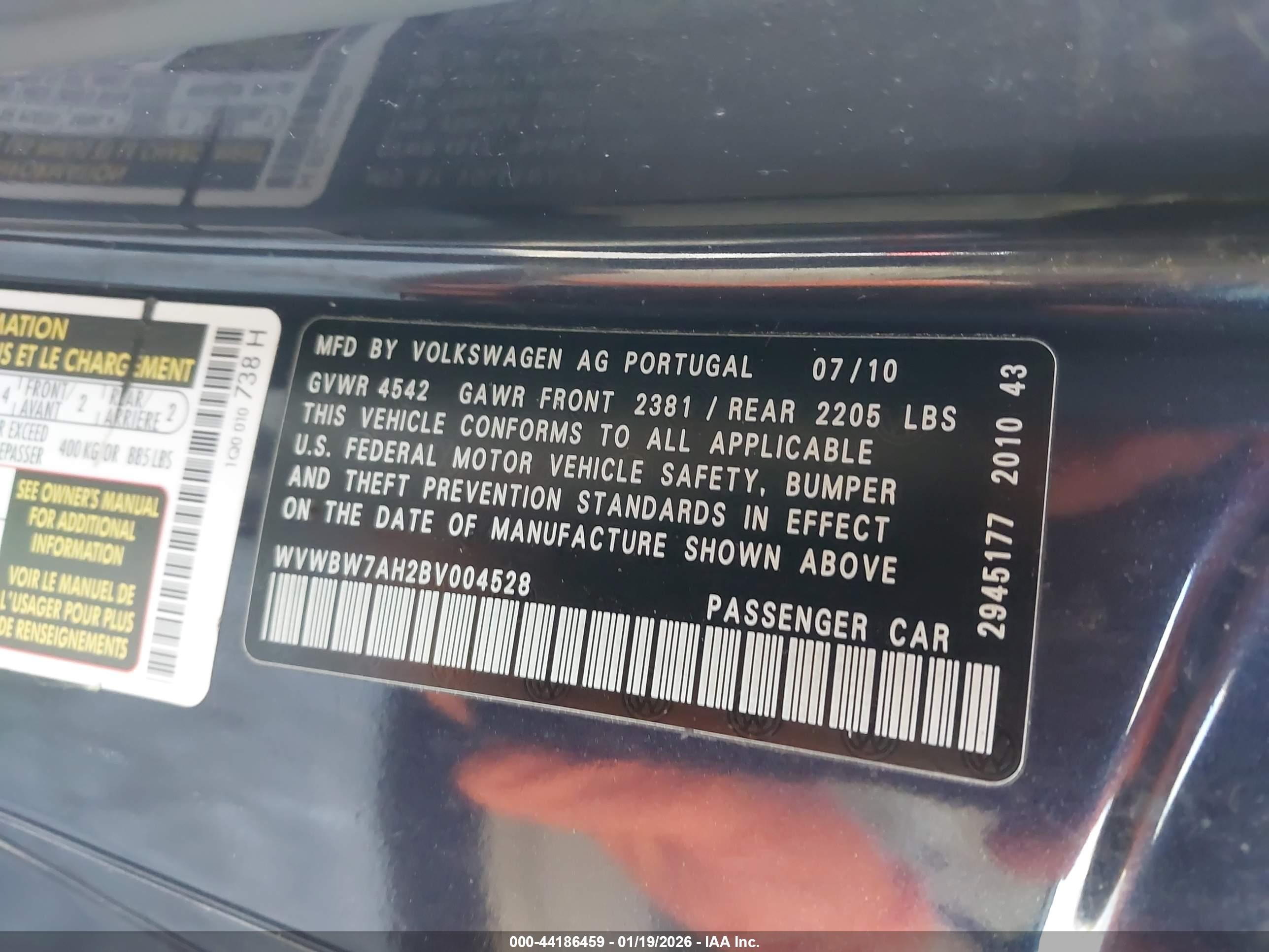 2011 Volkswagen Eos Komfort Black vin: WVWBW7AH2BV004528
