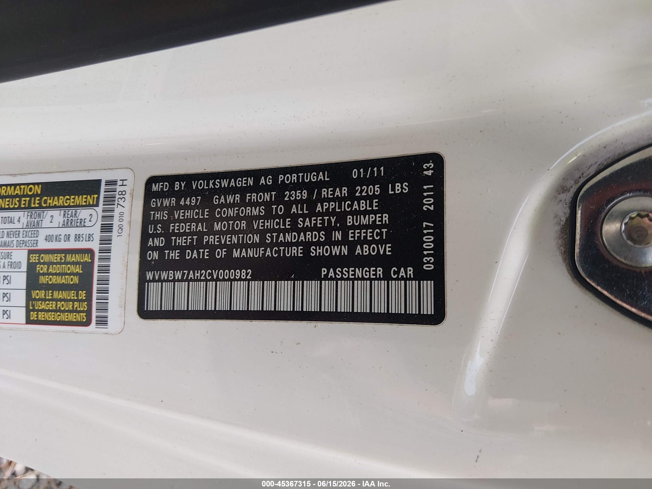 2012 Volkswagen Eos Komfort White vin: WVWBW7AH2CV000982