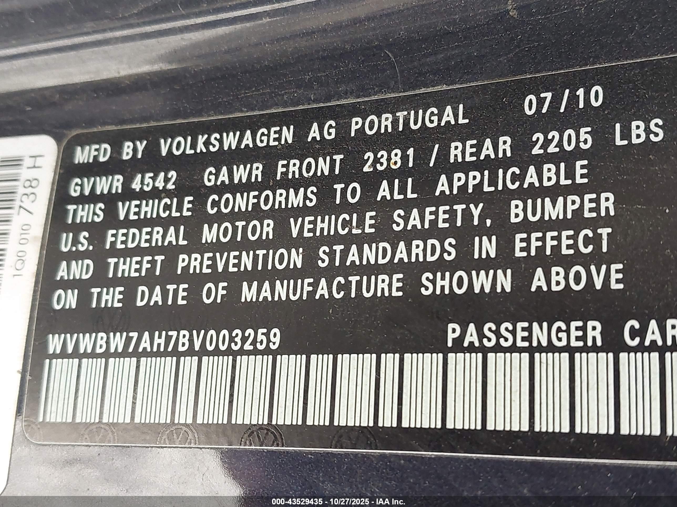 2011 Volkswagen Eos Komfort Blue vin: WVWBW7AH7BV003259