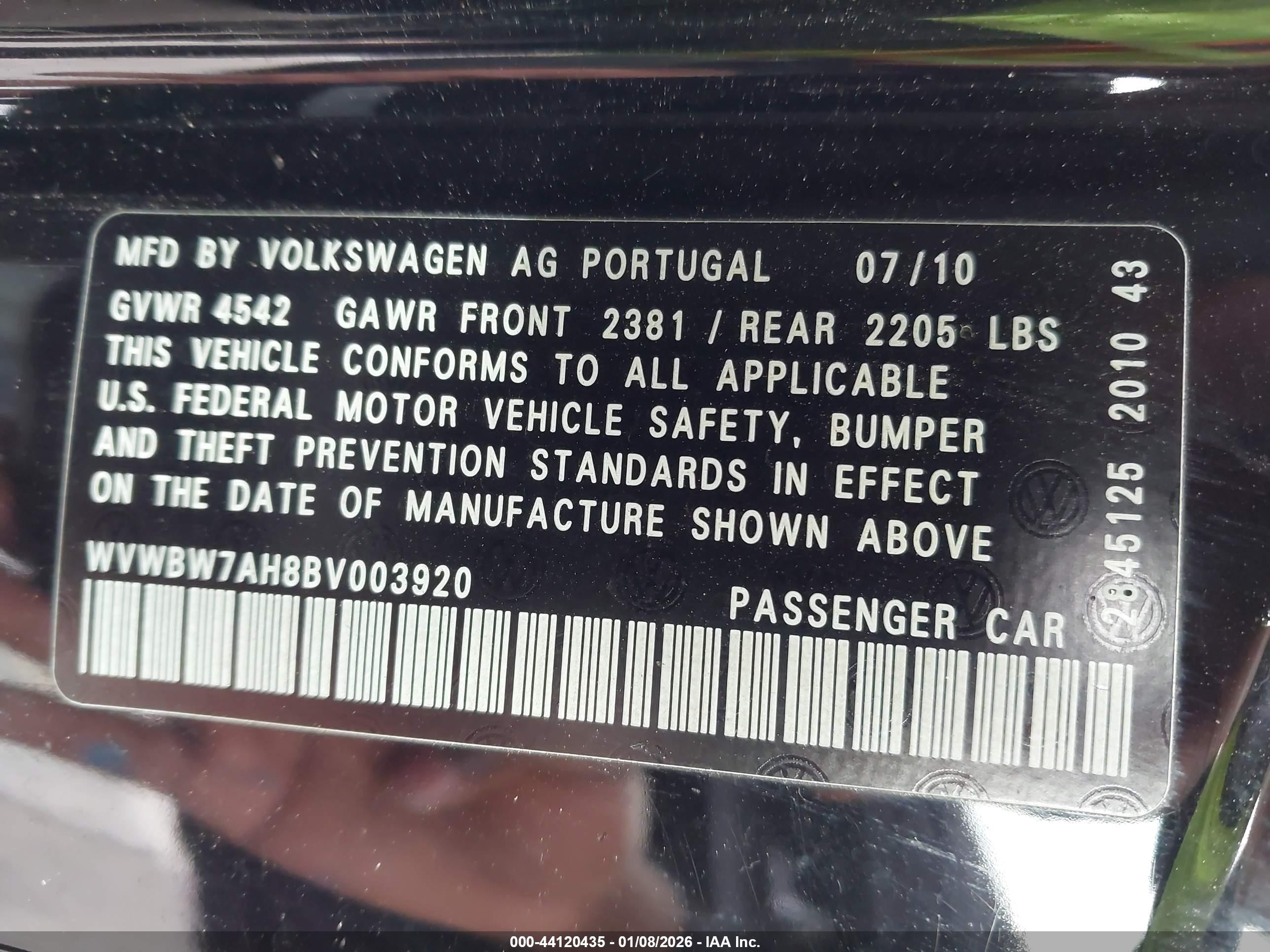 2011 Volkswagen Eos Komfort Black vin: WVWBW7AH8BV003920