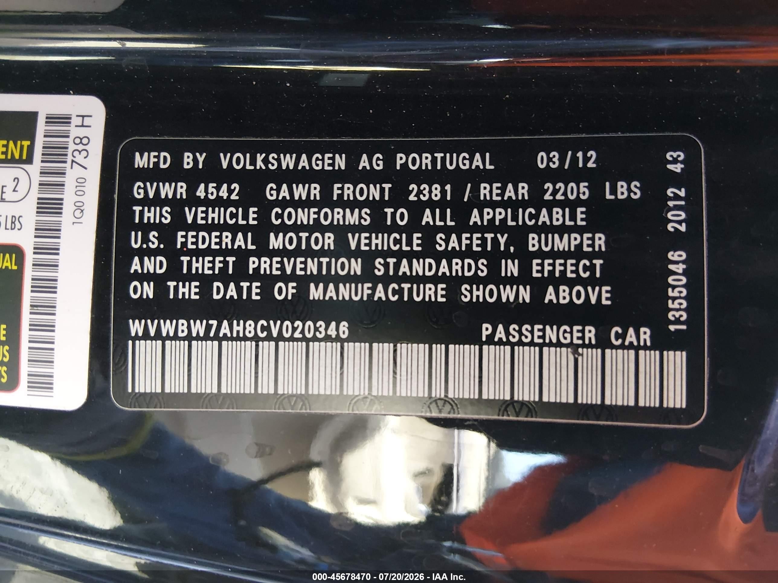 2012 Volkswagen Eos Komfort Черный vin: WVWBW7AH8CV020346