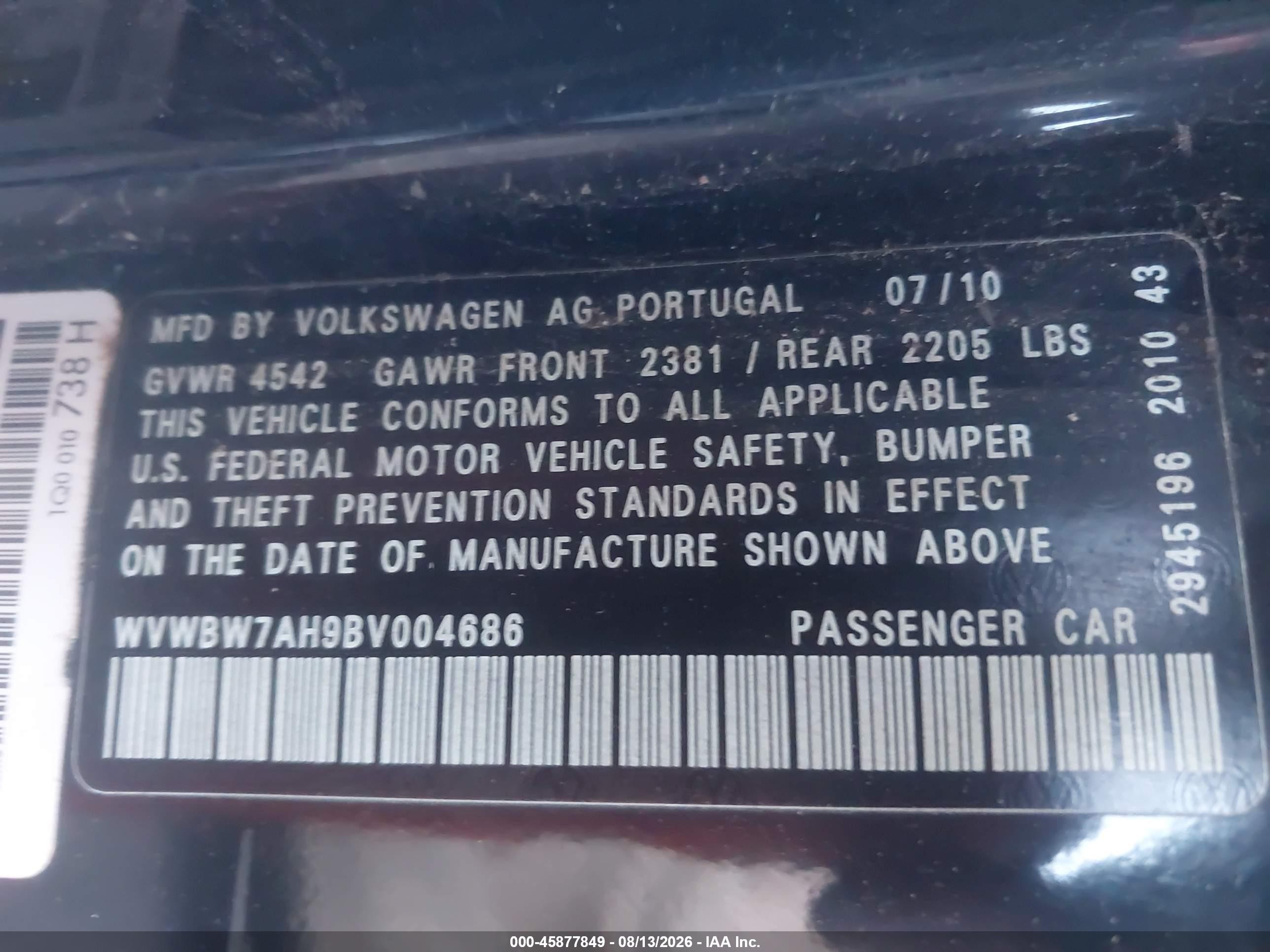 2011 Volkswagen Eos Komfort Black vin: WVWBW7AH9BV004686