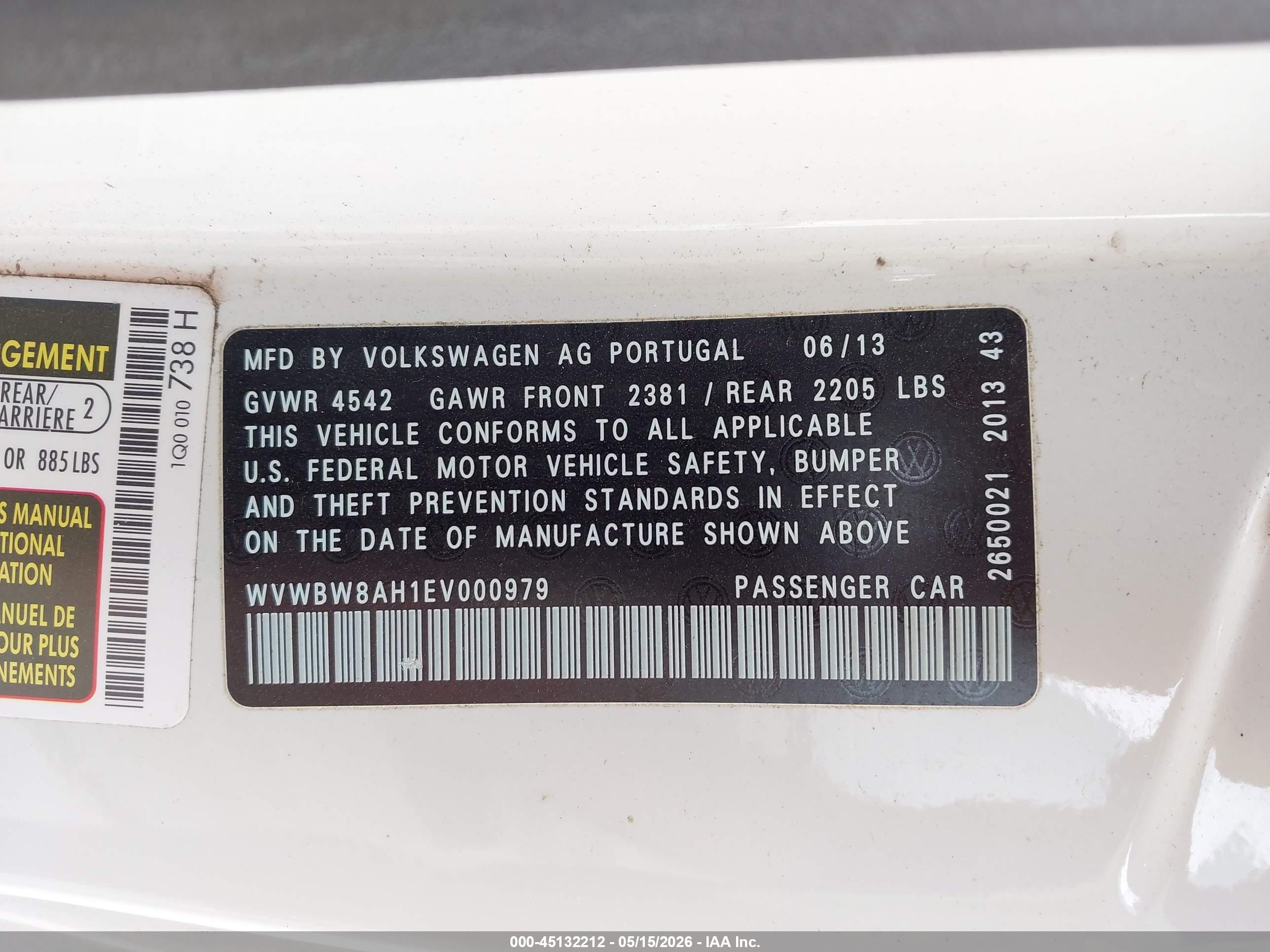 2014 Volkswagen Eos Komfort White vin: WVWBW8AH1EV000979