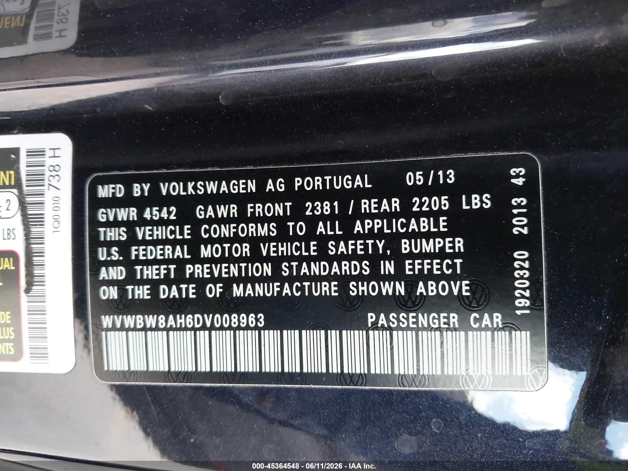 2013 Volkswagen Eos Komfort Black vin: WVWBW8AH6DV008963
