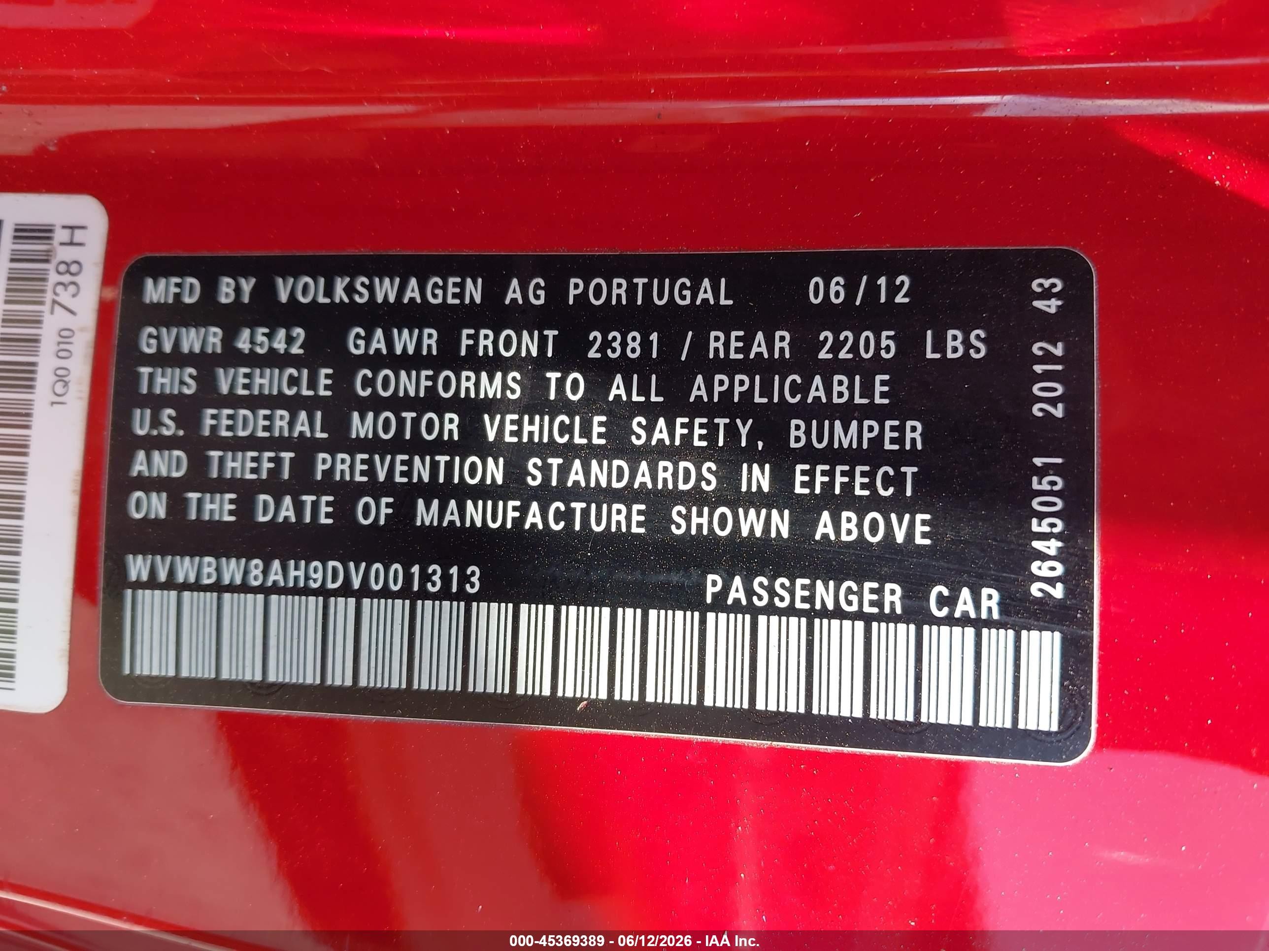 2013 Volkswagen Eos Komfort Red vin: WVWBW8AH9DV001313