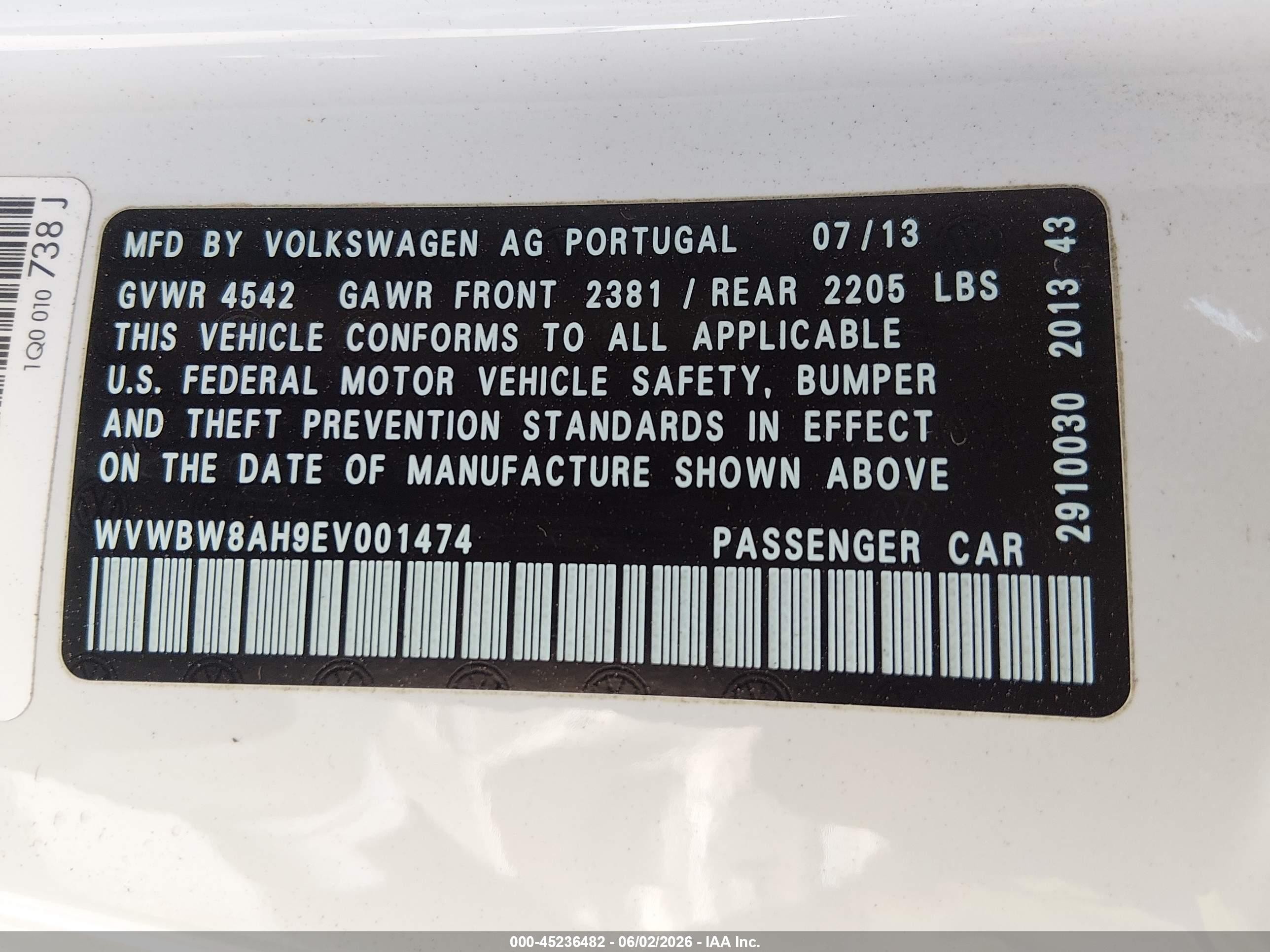 2014 Volkswagen Eos Sport White vin: WVWBW8AH9EV001474