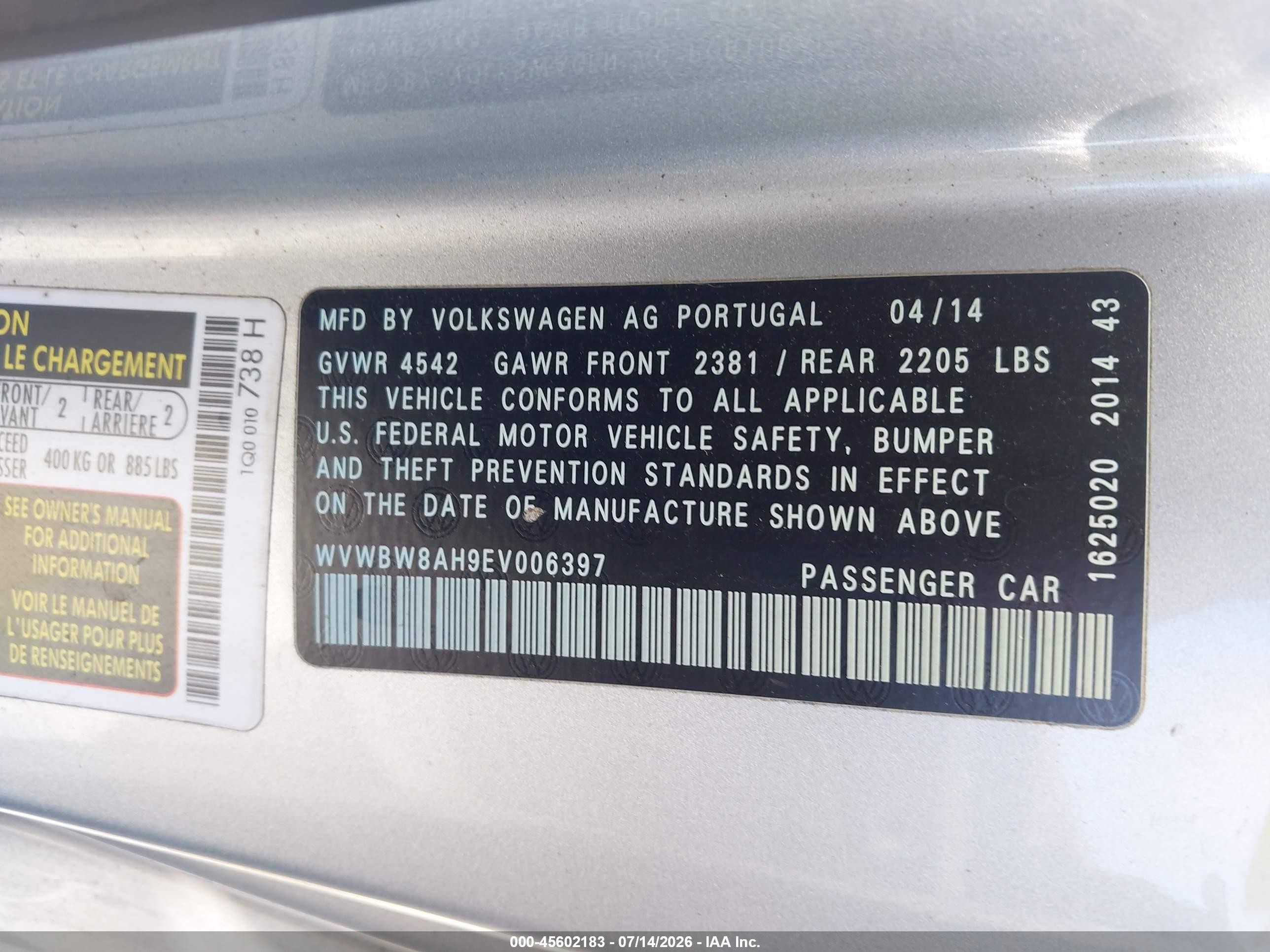 2014 Volkswagen Eos Komfort Silver vin: WVWBW8AH9EV006397