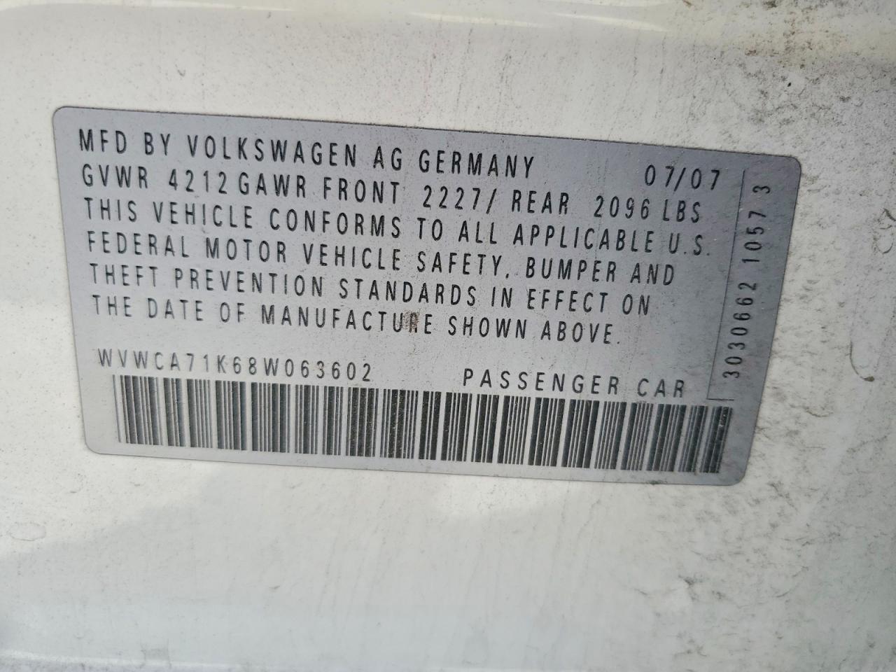 2008 Volkswagen Rabbit White vin: WVWCA71K68W063602