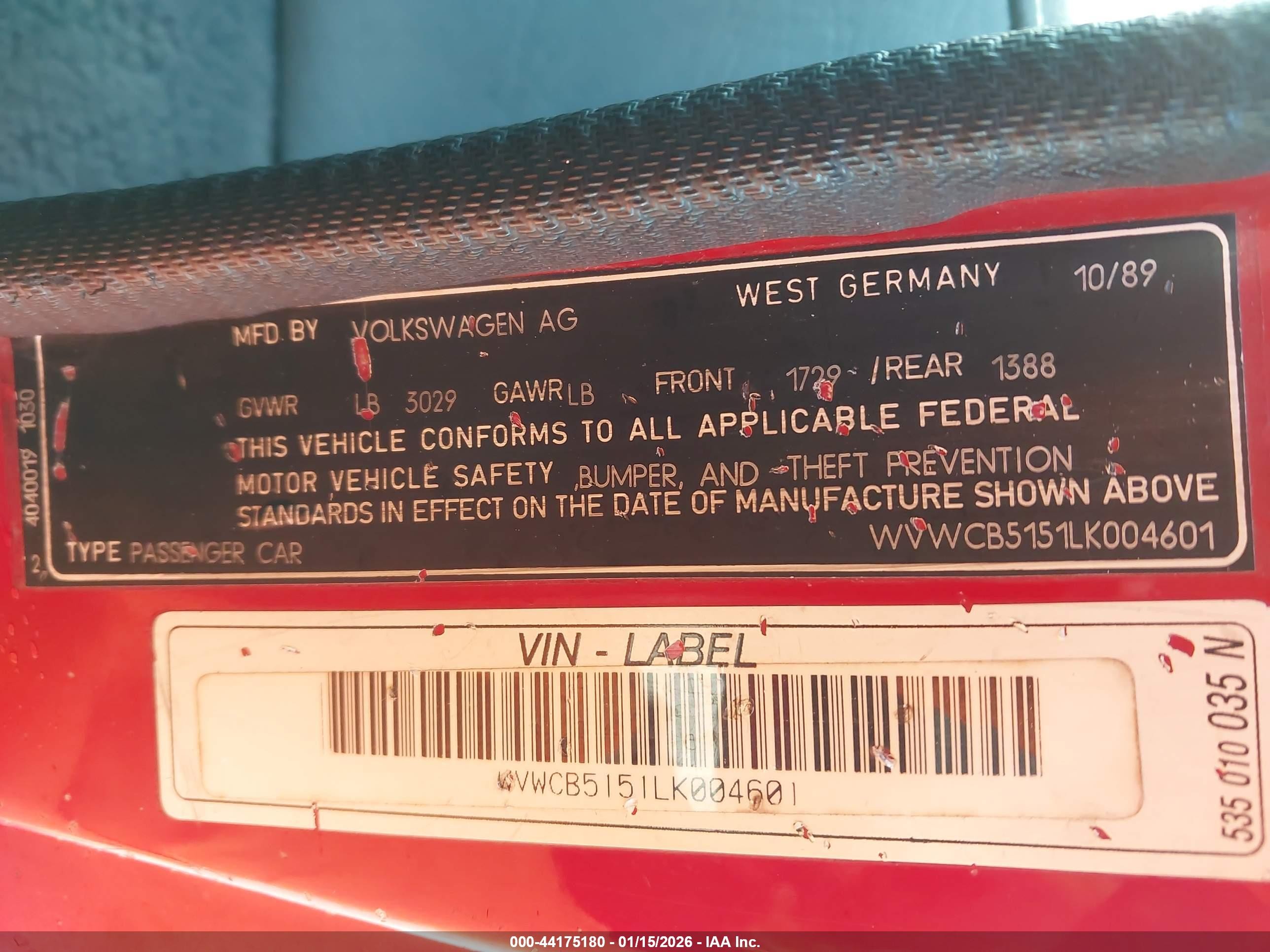 1990 Volkswagen Cabriolet   Red vin: WVWCB5151LK004601