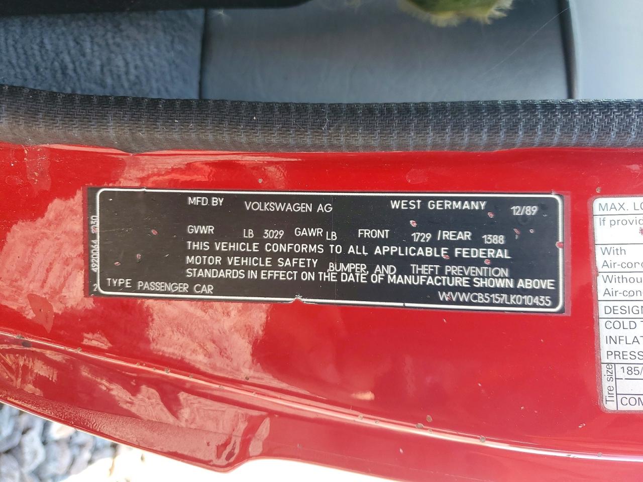 1990 Volkswagen Cabriolet Red vin: WVWCB5157LK010435