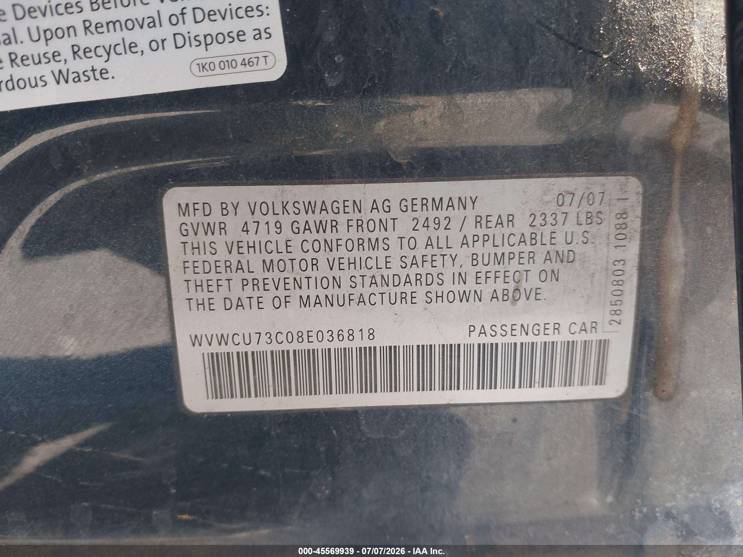 2008 Volkswagen Passat Vr6 Blue vin: WVWCU73C08E036818