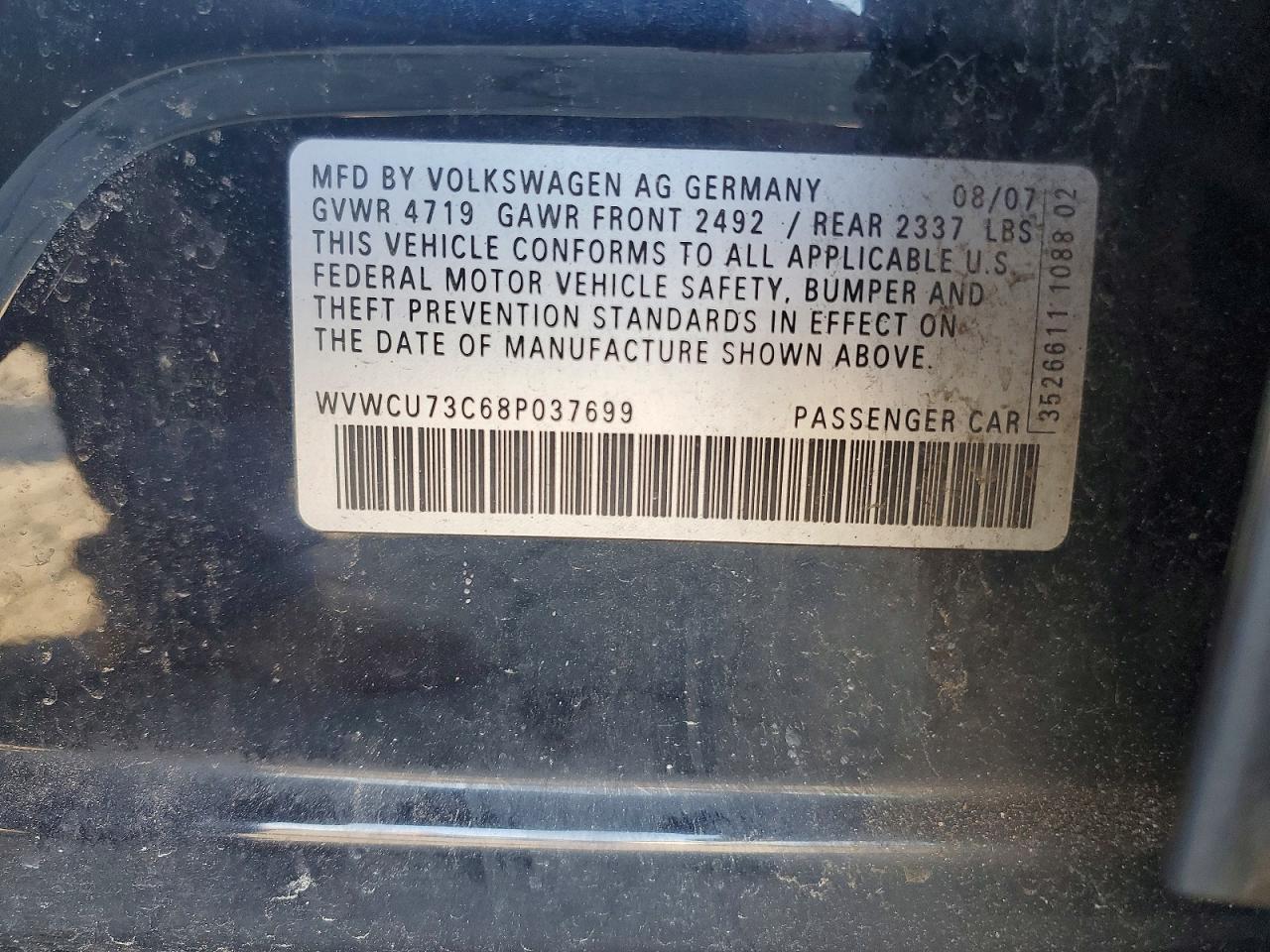 2008 Volkswagen Passat Vr6 Black vin: WVWCU73C68P037699
