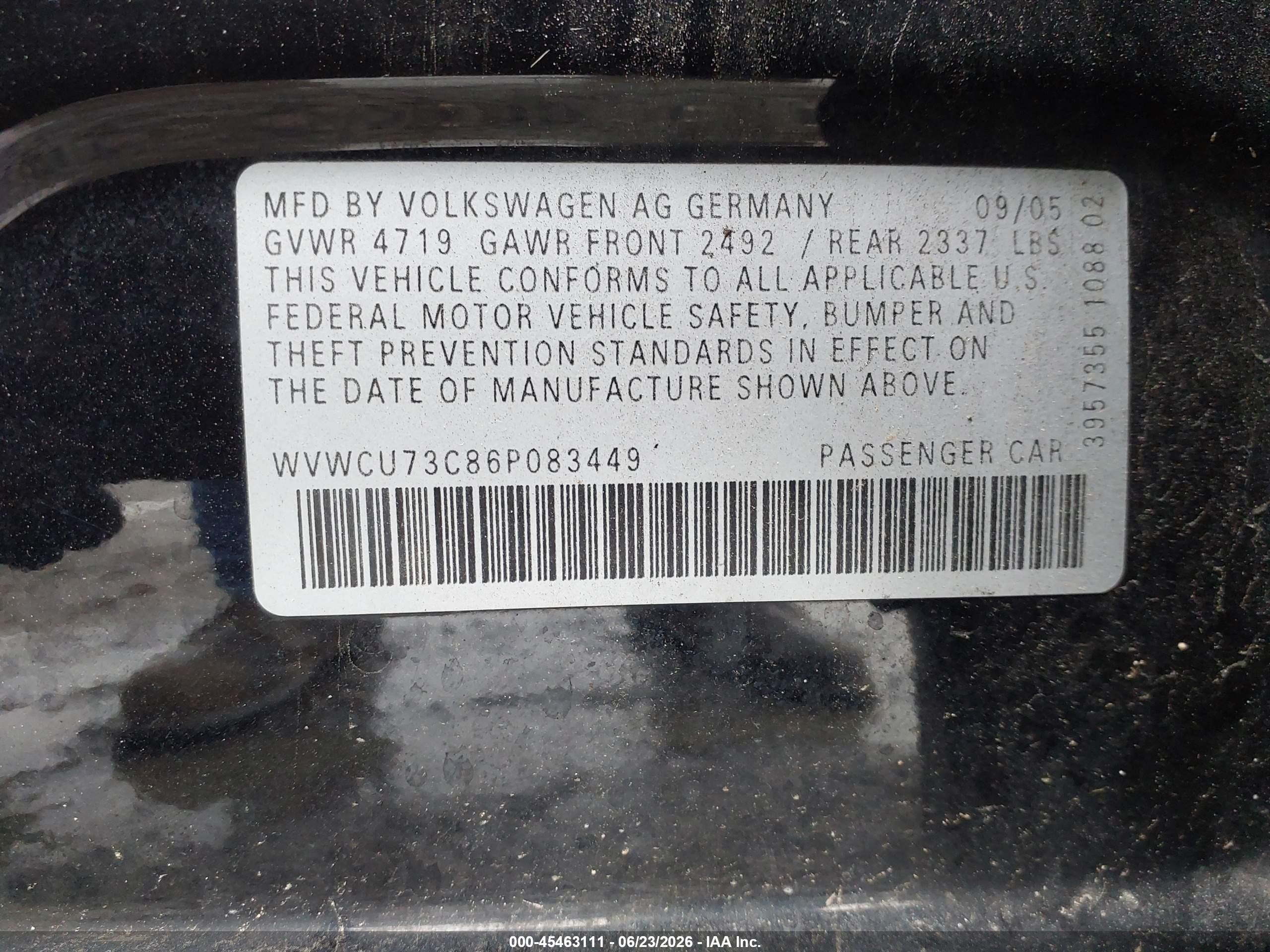 2006 Volkswagen Passat 3.6 Black vin: WVWCU73C86P083449