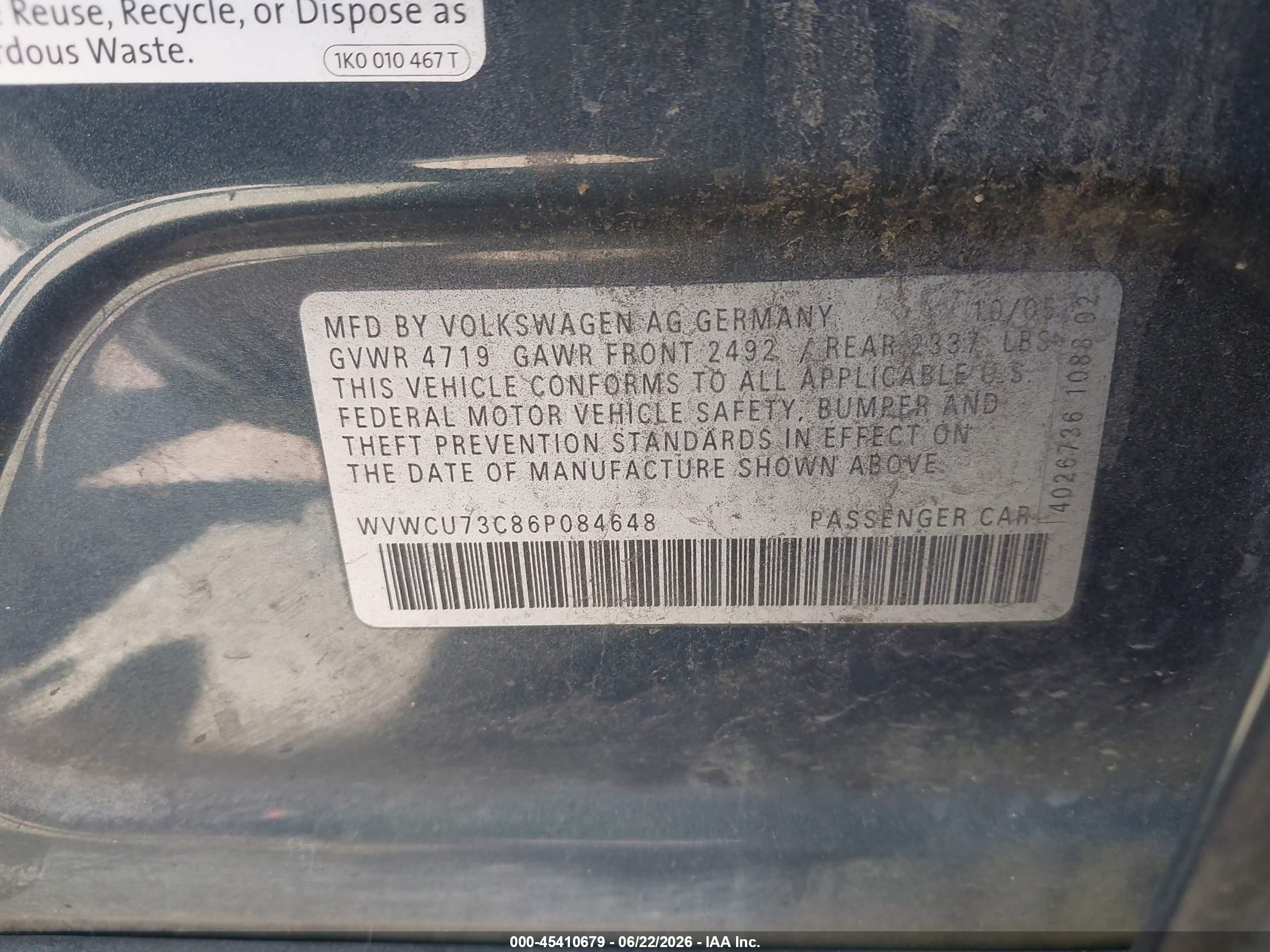 2006 Volkswagen Passat 3.6 Gray vin: WVWCU73C86P084648