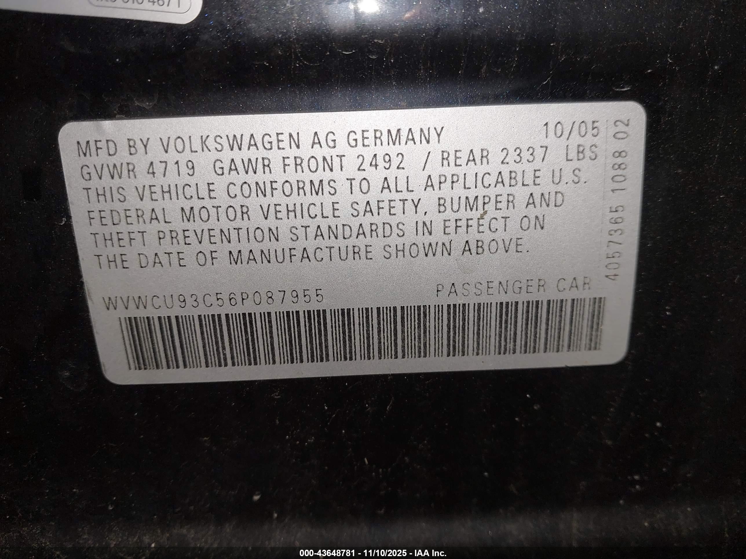 2006 Volkswagen Passat 3.6 Black vin: WVWCU93C56P087955