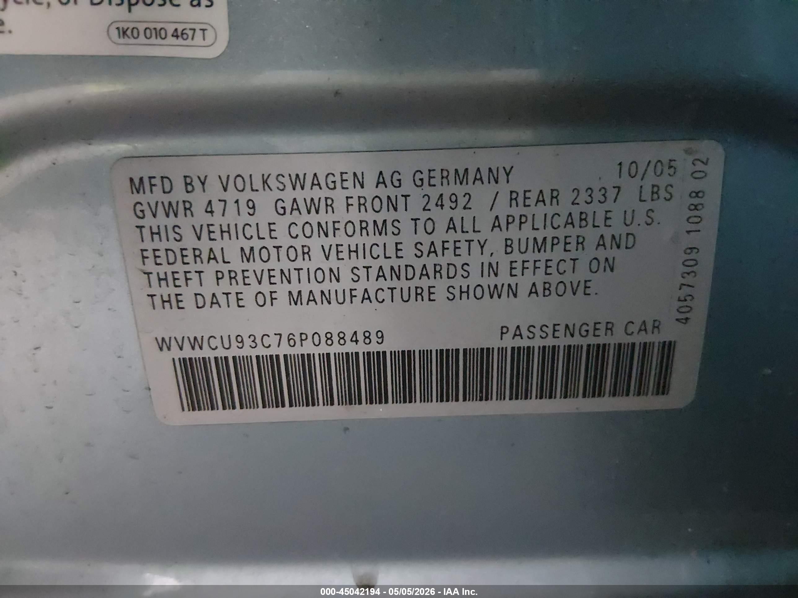 2006 Volkswagen Passat 3.6 Light Blue vin: WVWCU93C76P088489