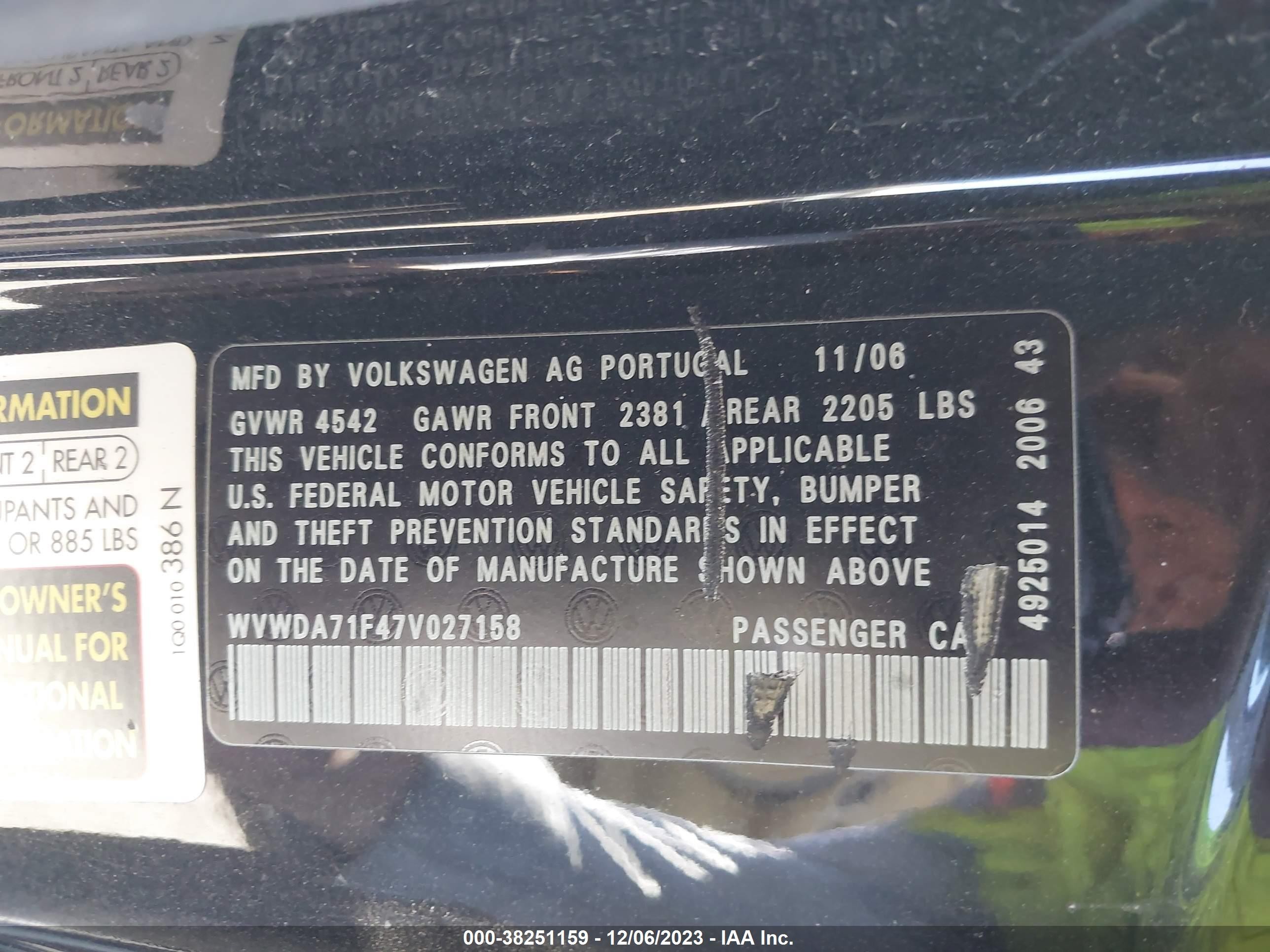 2007 Volkswagen Eos 2.0t Black vin: WVWDA71F47V027158