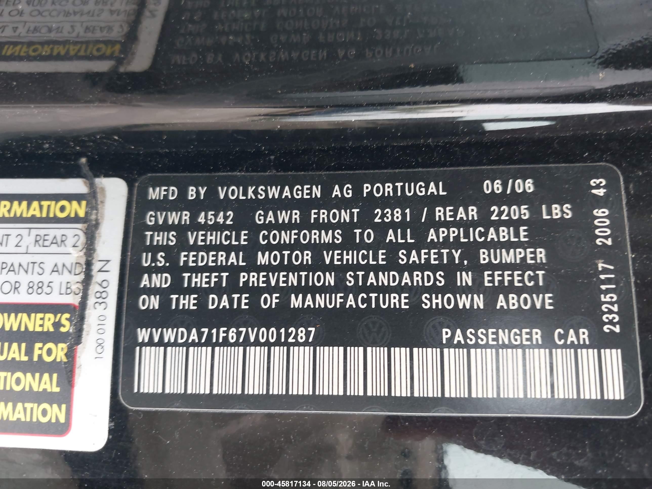 2007 Volkswagen Eos 2.0t Black vin: WVWDA71F67V001287