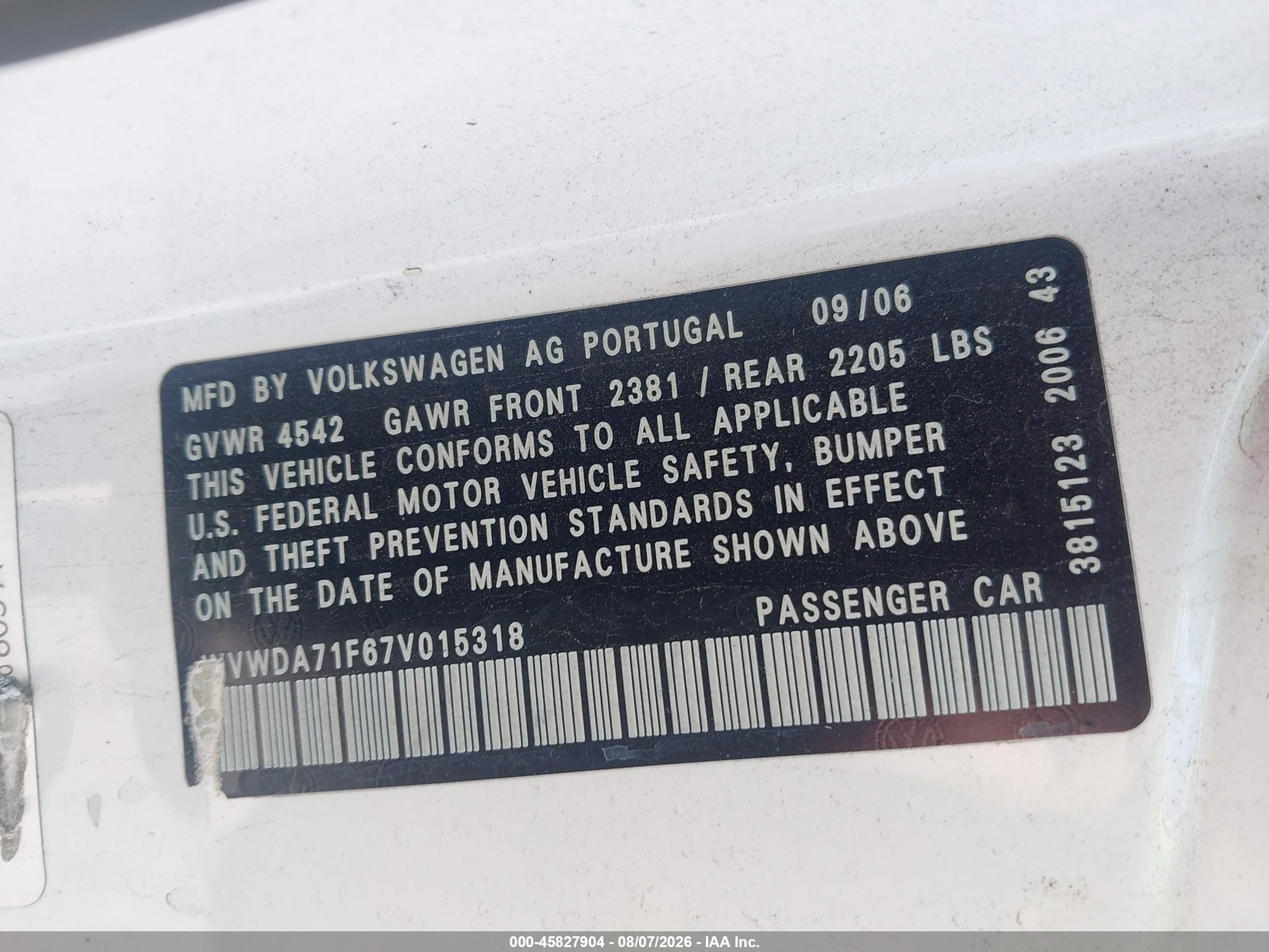 2007 Volkswagen Eos 2.0t Белый vin: WVWDA71F67V015318