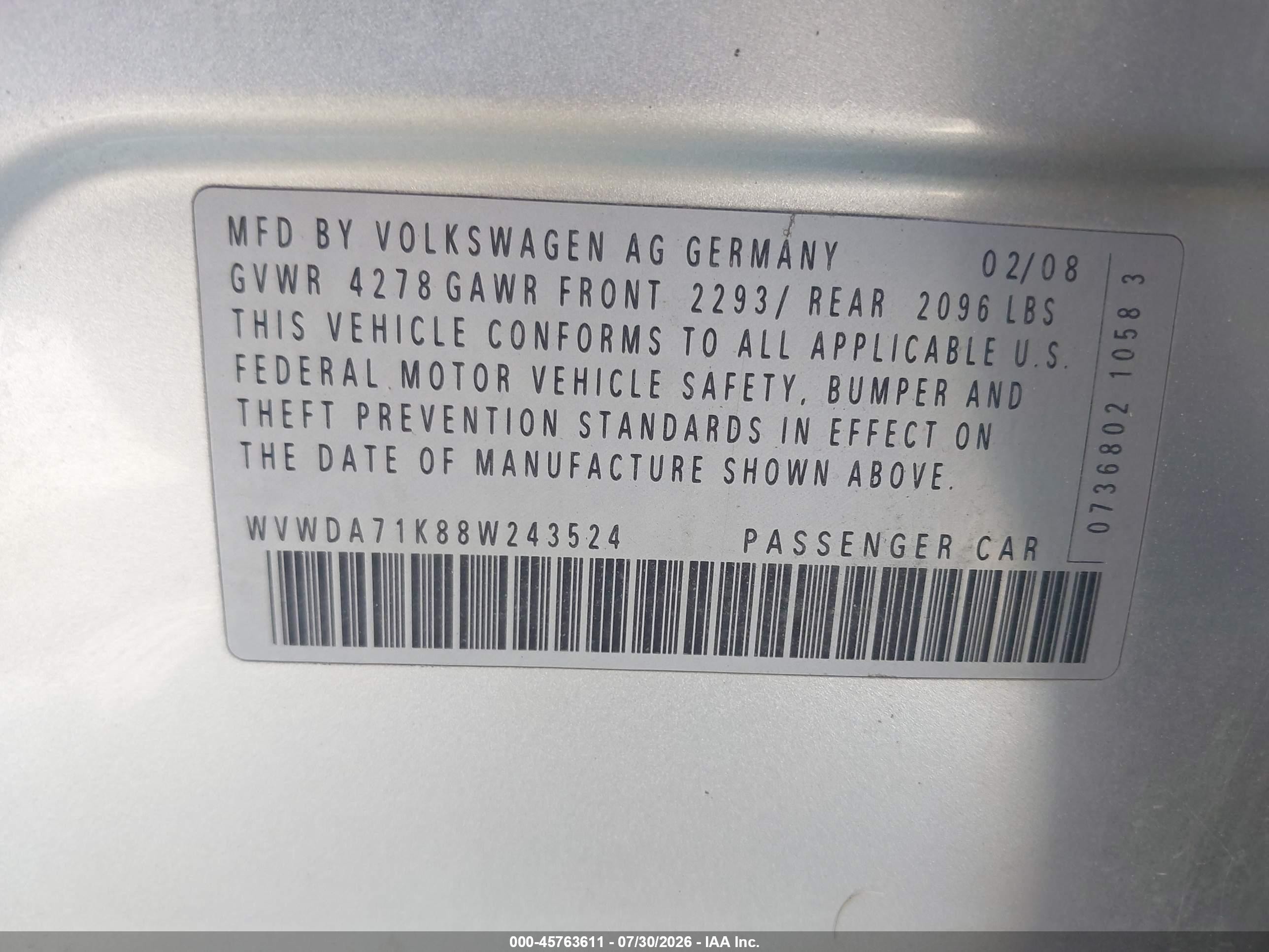 2008 Volkswagen Rabbit S Silver vin: WVWDA71K88W243524