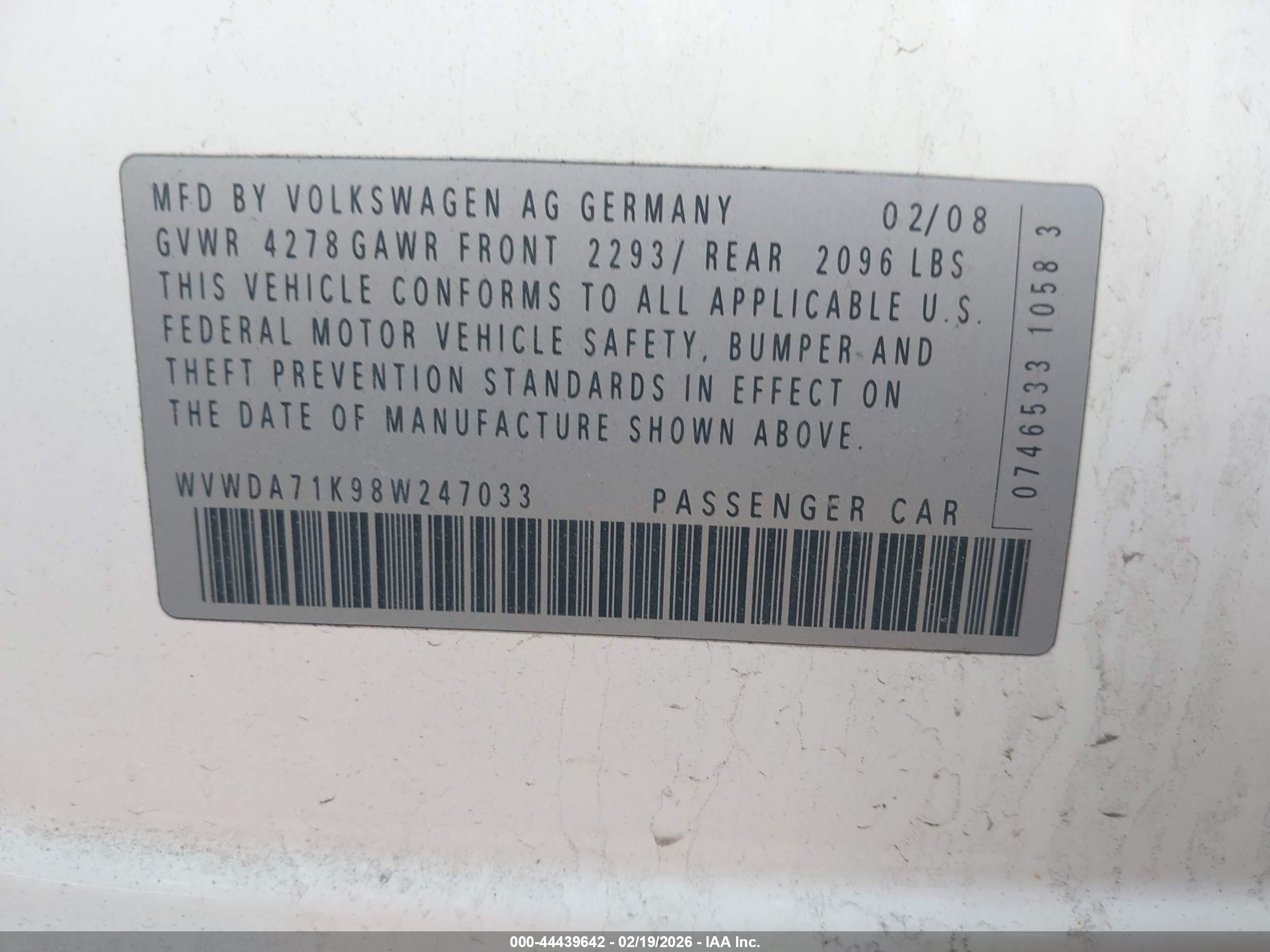 2008 Volkswagen Rabbit S Белый vin: WVWDA71K98W247033