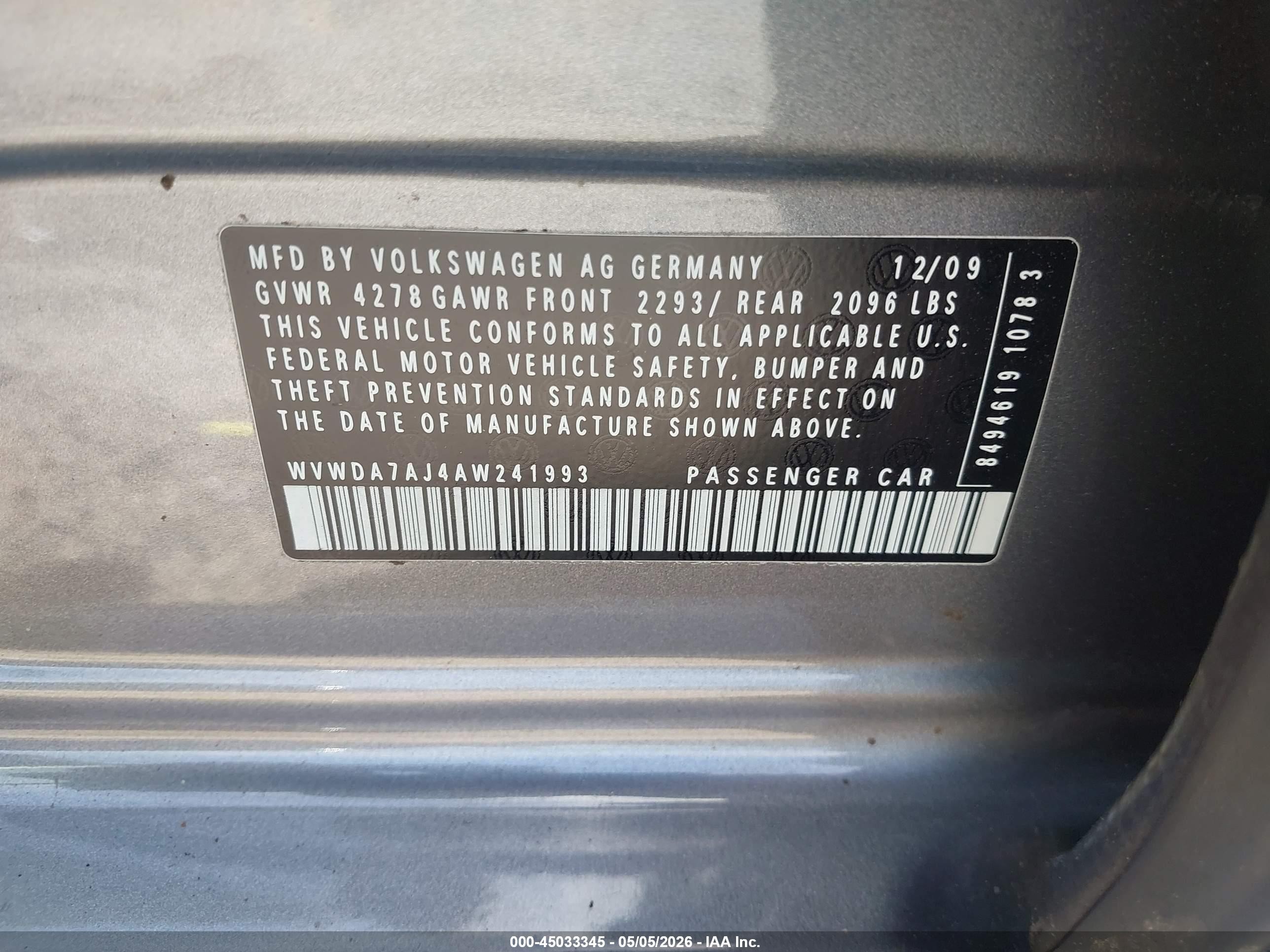 2010 Volkswagen Golf 4-door Gray vin: WVWDA7AJ4AW241993