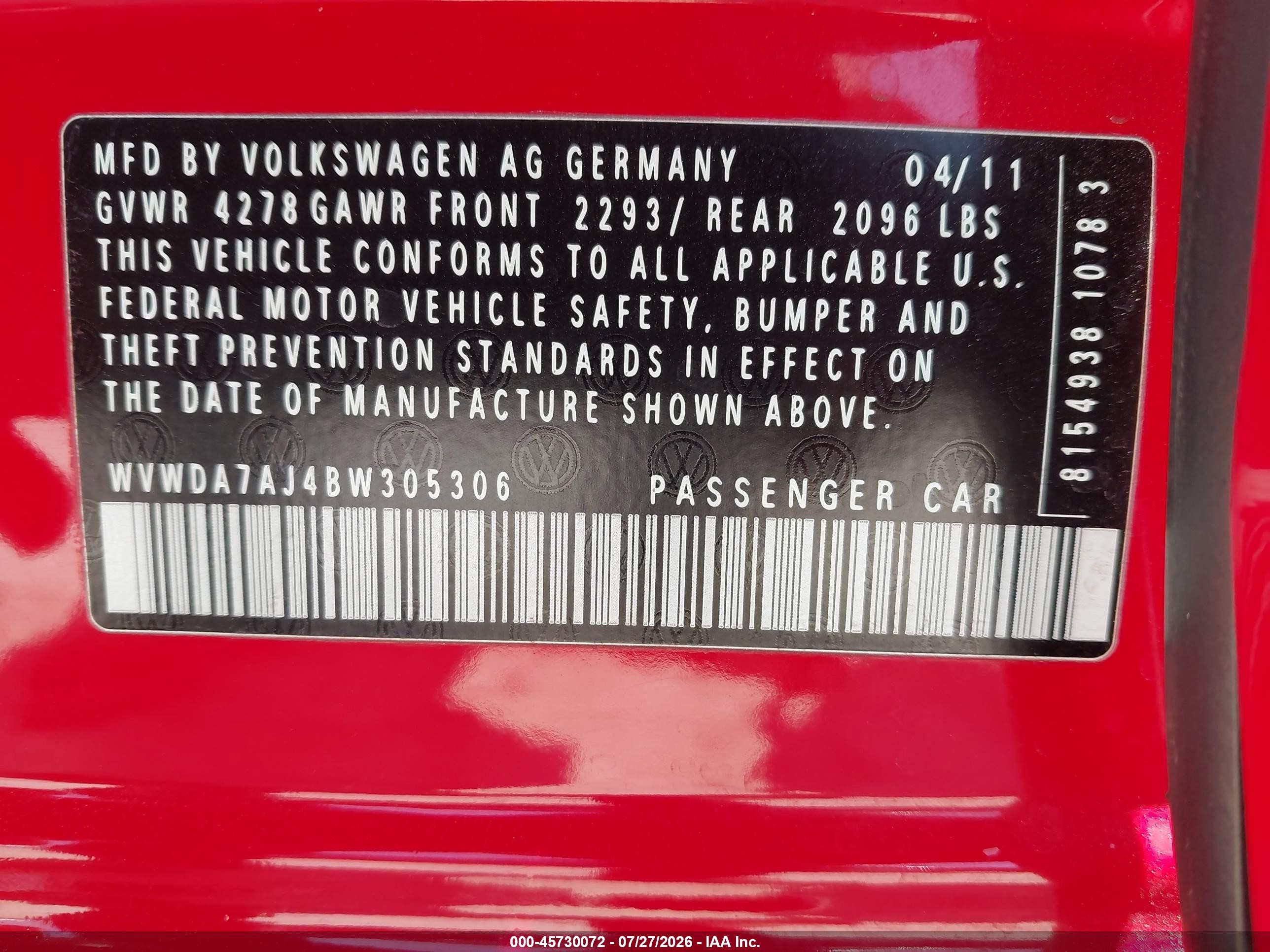 2011 Volkswagen Golf 2.5l 4-door Red vin: WVWDA7AJ4BW305306