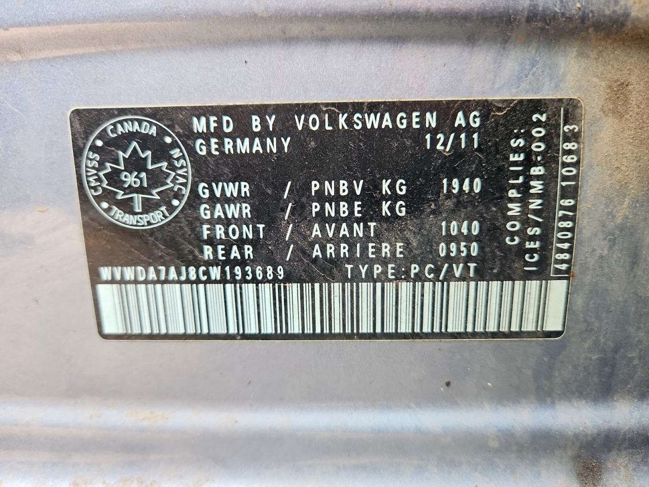 2012 Volkswagen Golf Blue vin: WVWDA7AJ8CW193689