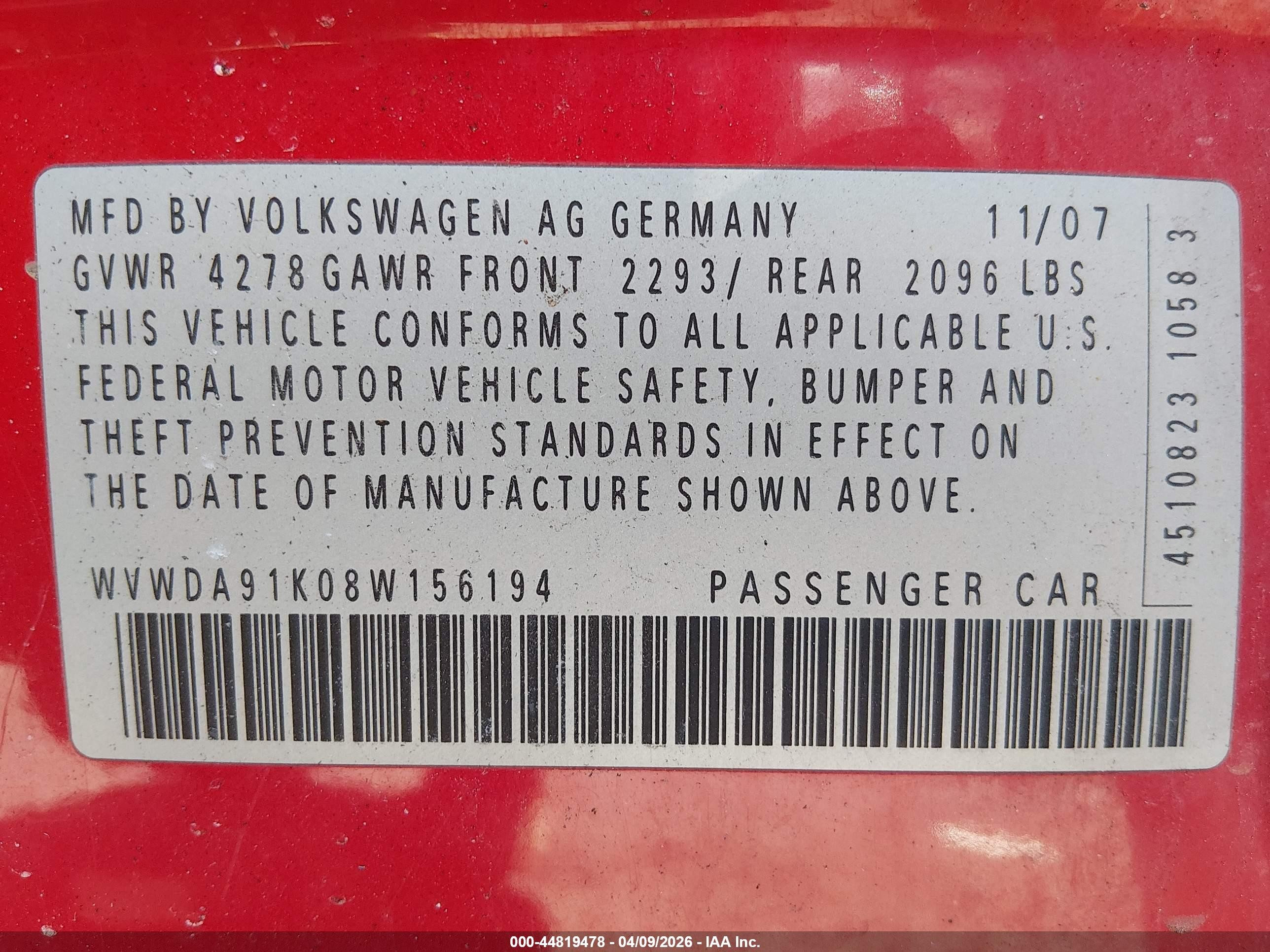 2008 Volkswagen Rabbit S Red vin: WVWDA91K08W156194